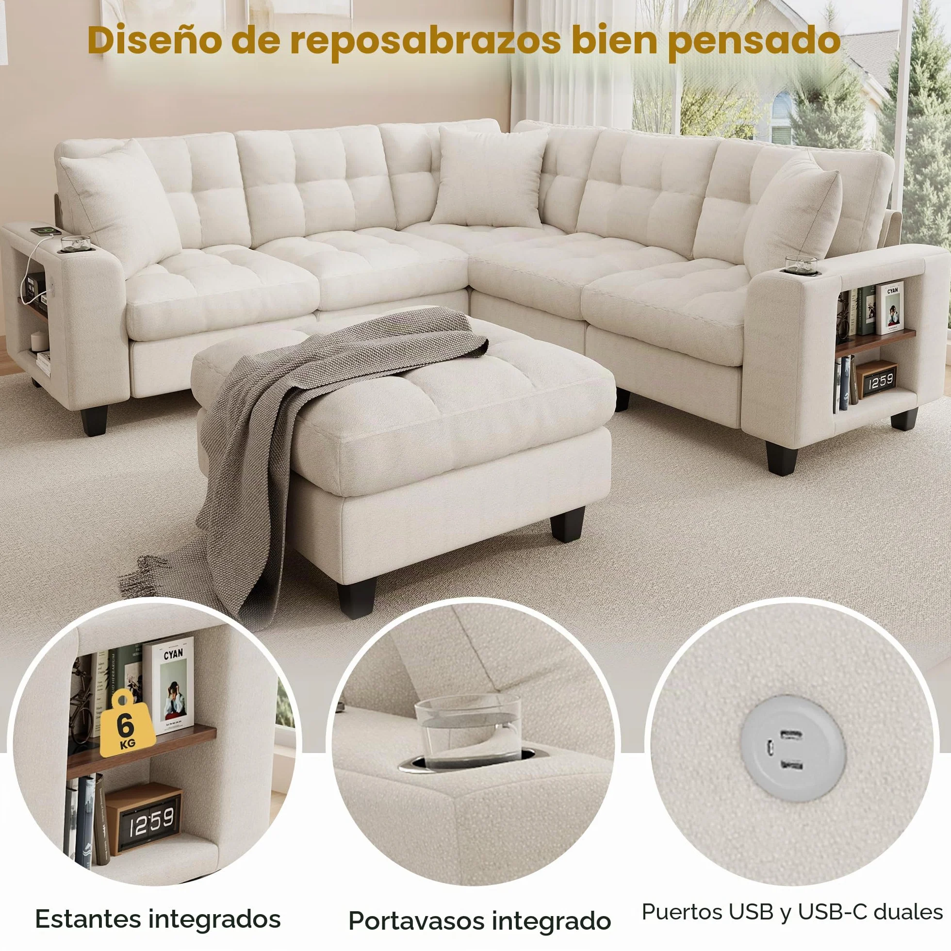 Sapgaks Sofá modular moderno de 6 plazas, con USB y portavasos, sofá de esquina modular muy grande en forma de U/L, con reposapiés extraíble y apoyabrazos con estantería, tela de chenilla, beige