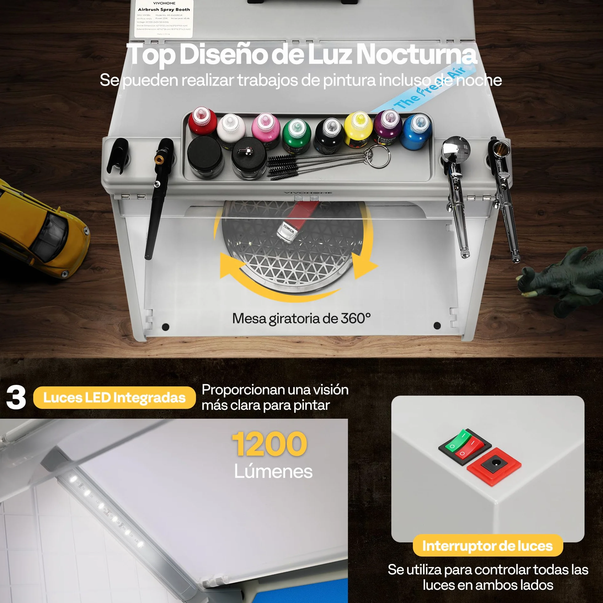 VIVOHOME Cabina de Pulverización Portátil para Aerógrafo con 3 Luces LED con Soportes para Pistolas Pulverizadoras y Pintura Pintar Modelo