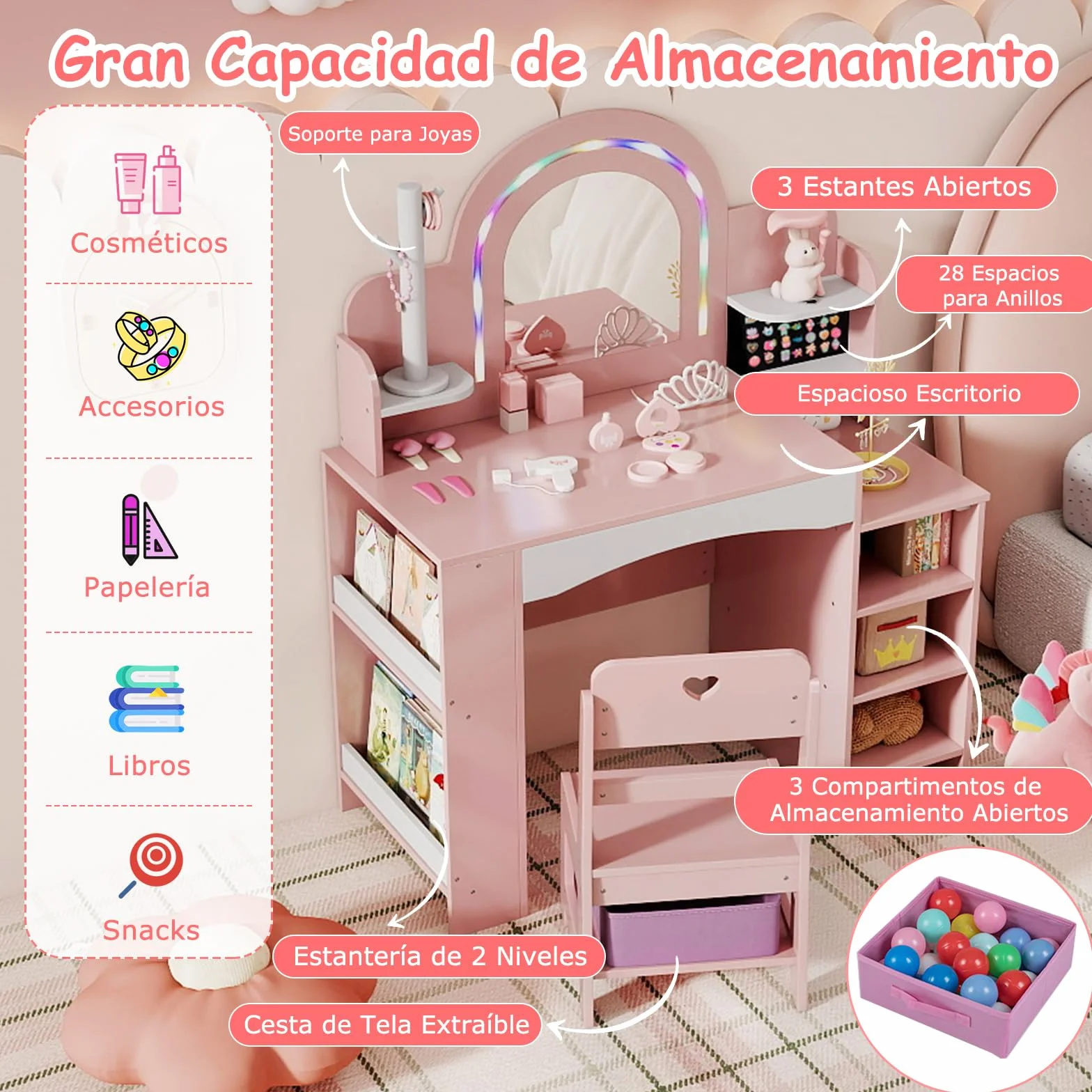 COSTWAY Tocador Niña con Espejo y Luces, Mesa de Maquillaje con Estantes y Caja de Tela, Rosa