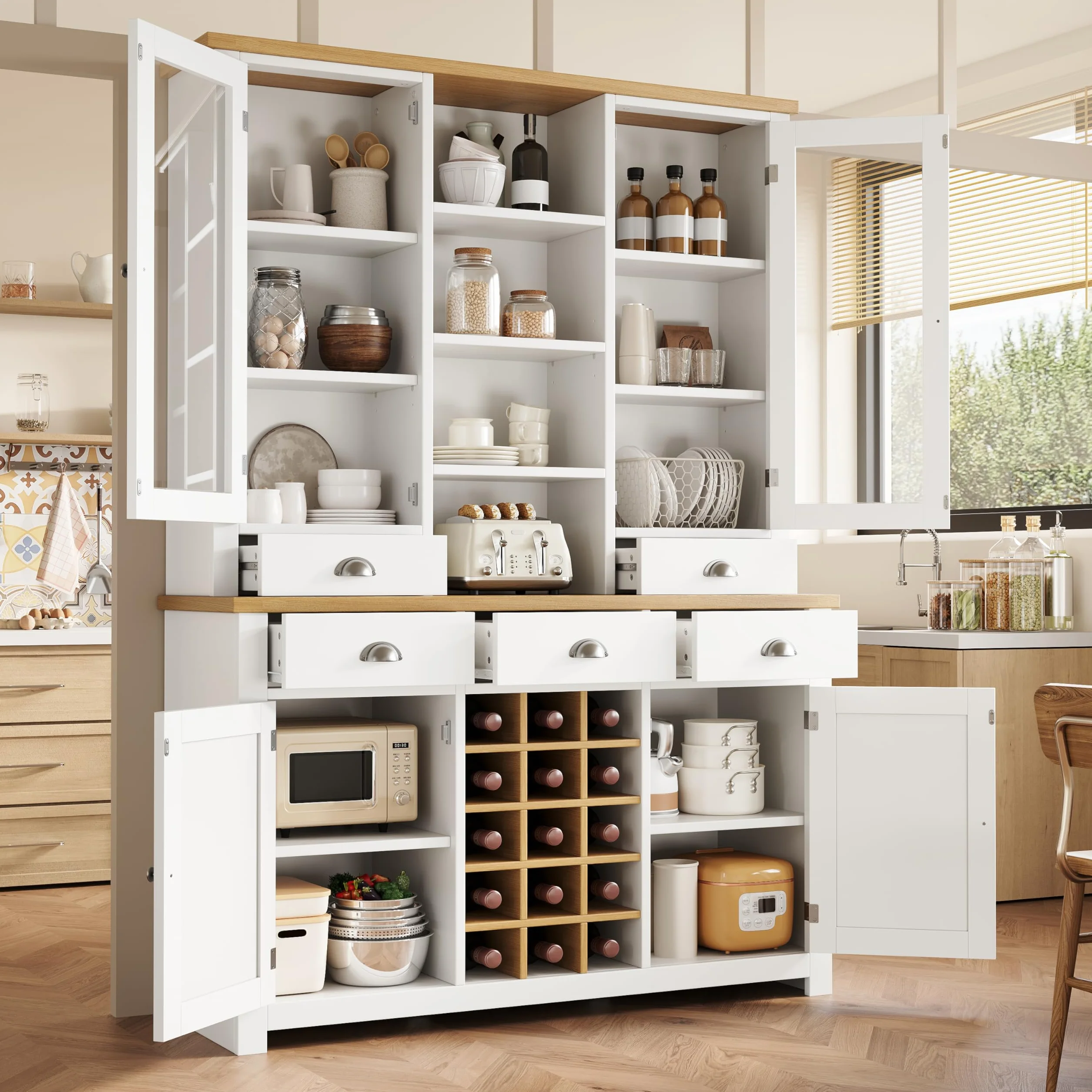 SUKY Armario alto multiusos para el hogar con protección antivuelco, armario de pie para cocina y salón con puerta de cristal, asas de metal y función de cierre suave, estante para vino extraíble, 120