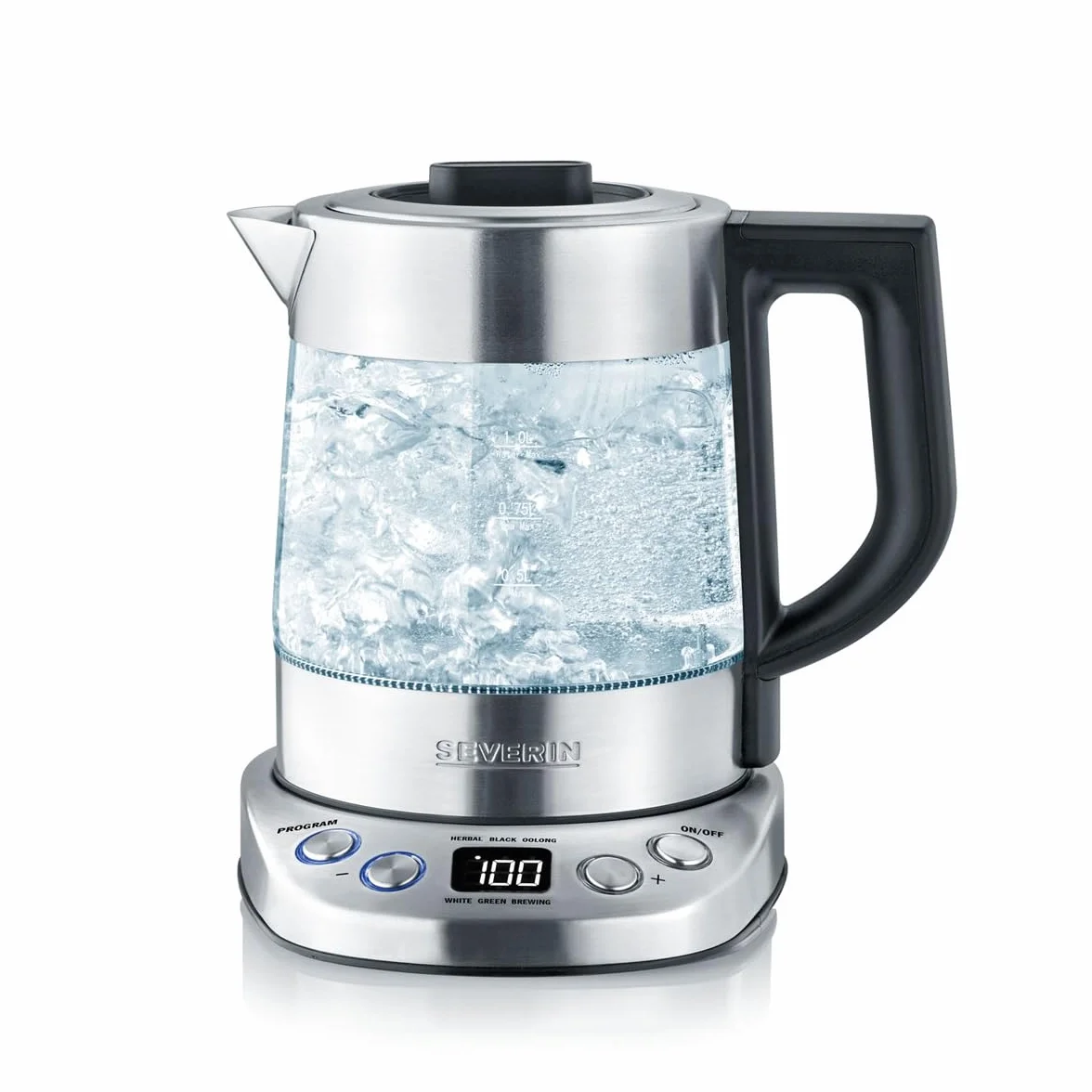 SEVERIN Tetera y hervidor de agua Deluxe Mini, tetera eléctrica de cristal para hasta 1,0 L, tetera pequeña con temperatura ajustable, color acero cepillado/negro, WK 3473