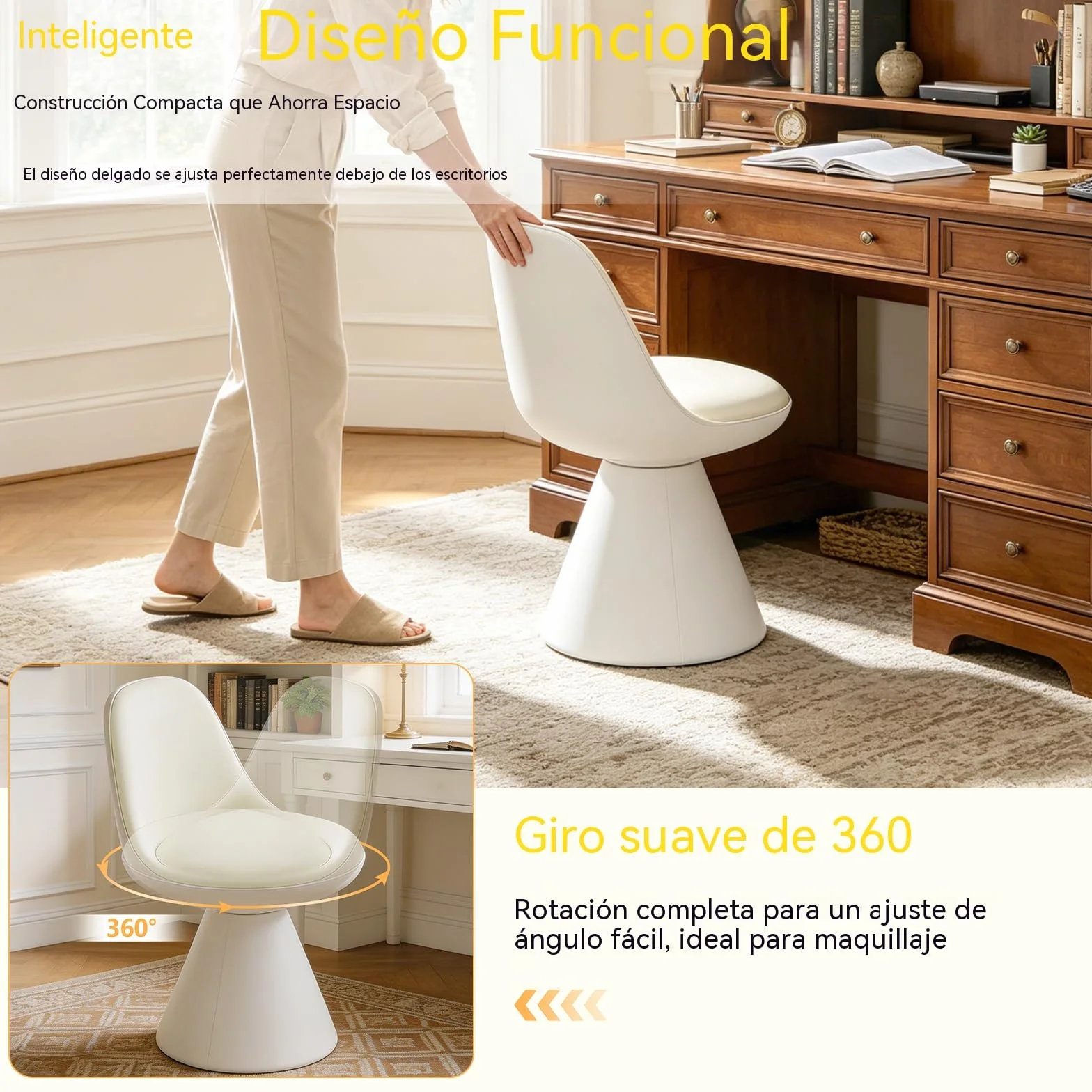 Sillón Giratorio para Tocador, Taburete de Maquillaje con Reposapiés de PU para Tocador, Dormitorio, Salón