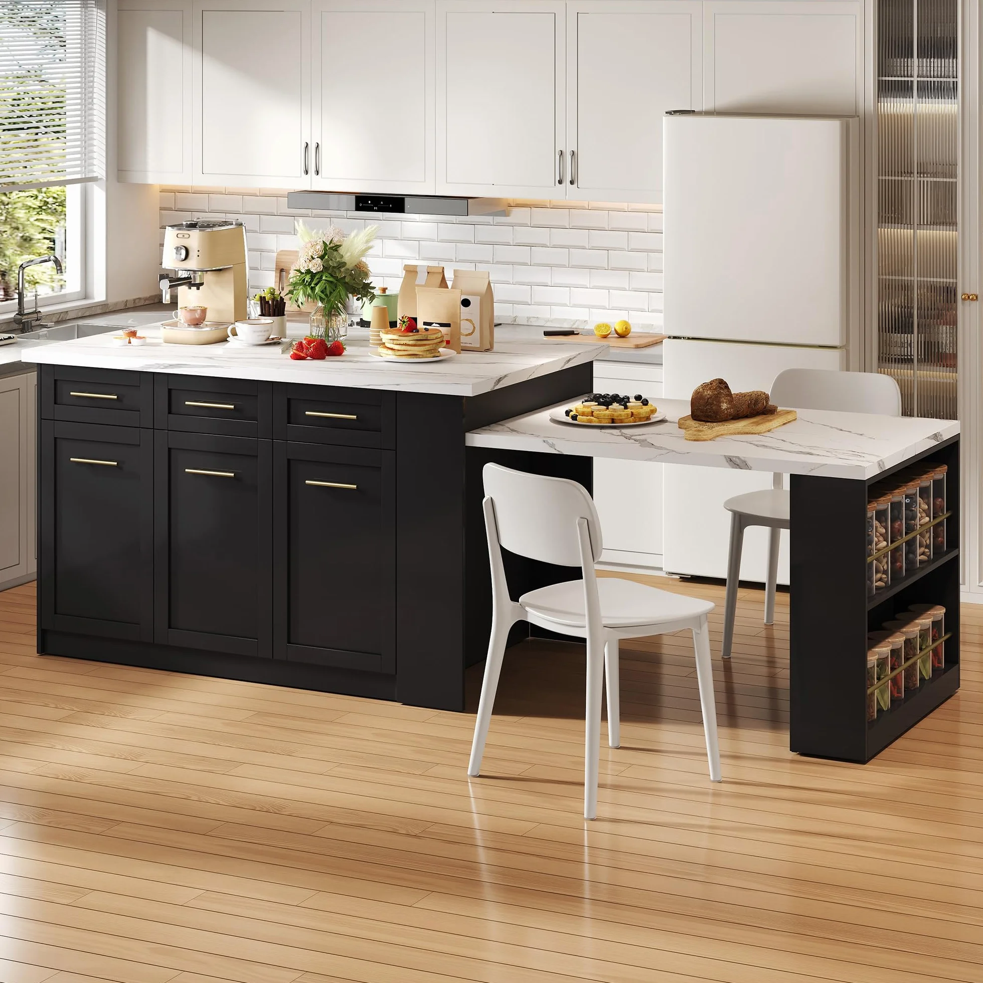 Isla de cocina multifuncional con mesa de comedor blanca extensible (150 cm + 96 cm), isla de cocina central con muebles de almacenamiento integrados, encimera de madera efecto mármol (negro)