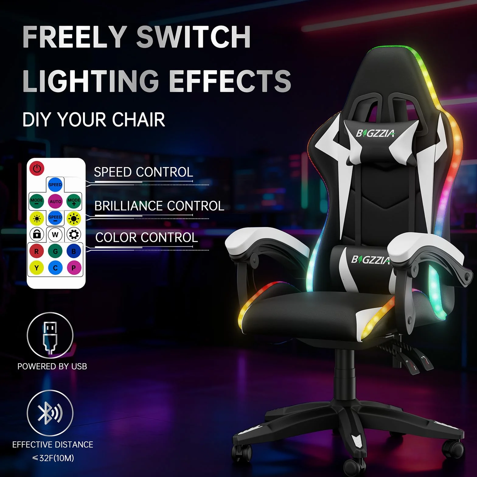 Silla de juegos con luces LED, silla reclinable ergonómica con luces RGB, reposacabezas ajustable y soporte lumbar, silla de oficina de piel sintética para computadora, altura e inclinación