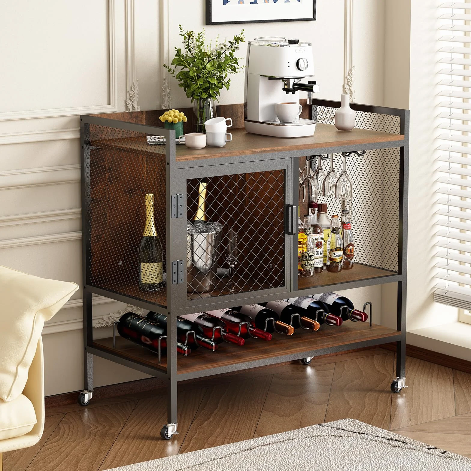 Armario para Vino, aparador, Mesa de Bar de 3 Niveles con Ruedas, Estante para Vino, Soportes para Copas, Puerta de Malla, Armario de Almacenamiento de Cocina Industrial (Vintage)