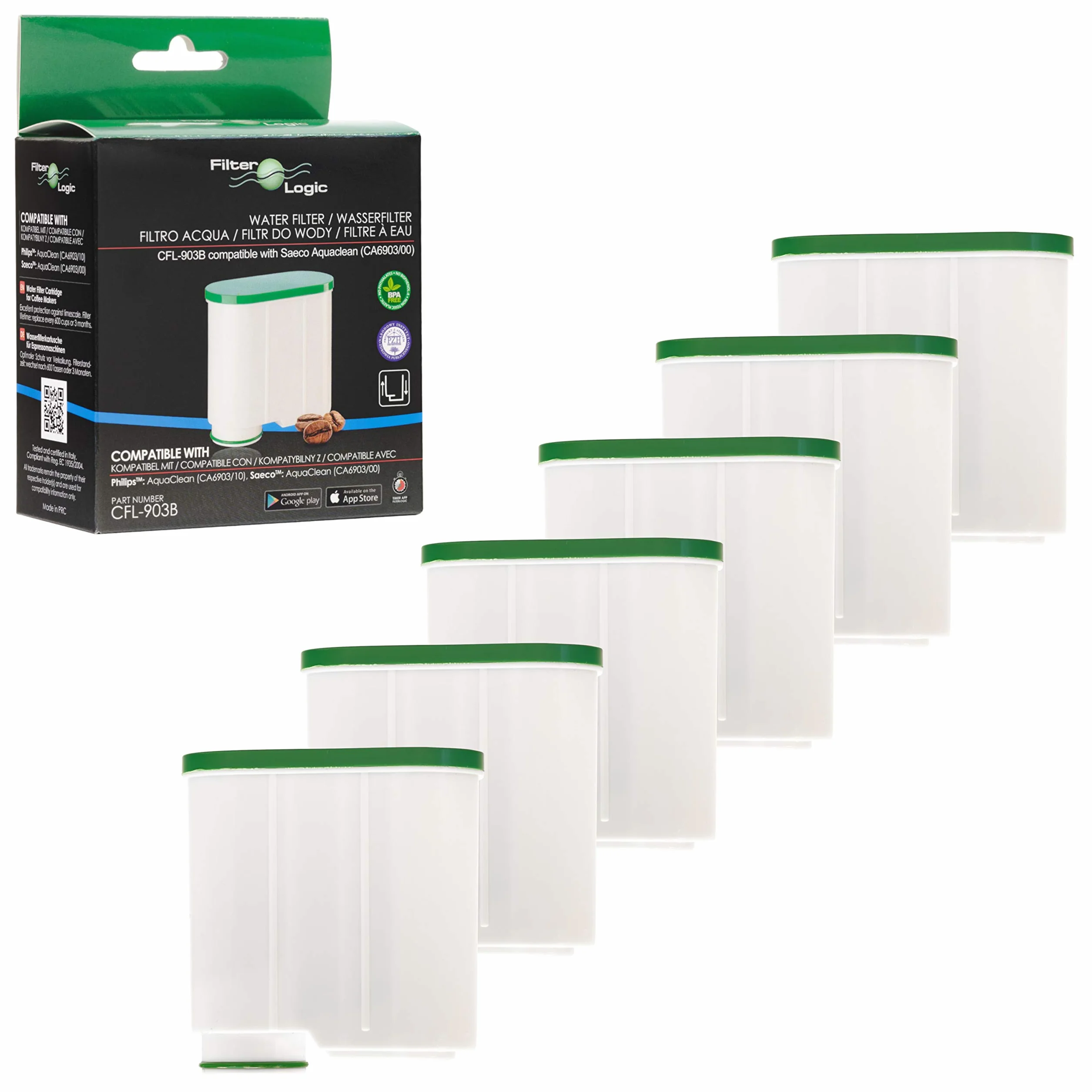 FilterLogic CFL-903B | Pack de 6 - Filtro de agua antical compatible con Philips Saeco AquaClean CA6903/10 CA6903/22 CA6903 Cartucho filtrante Aqua Clean para máquina cafetera de café y espresso | Compatible con Philips AquaClean CA6903/10, CA6903/22, CA6