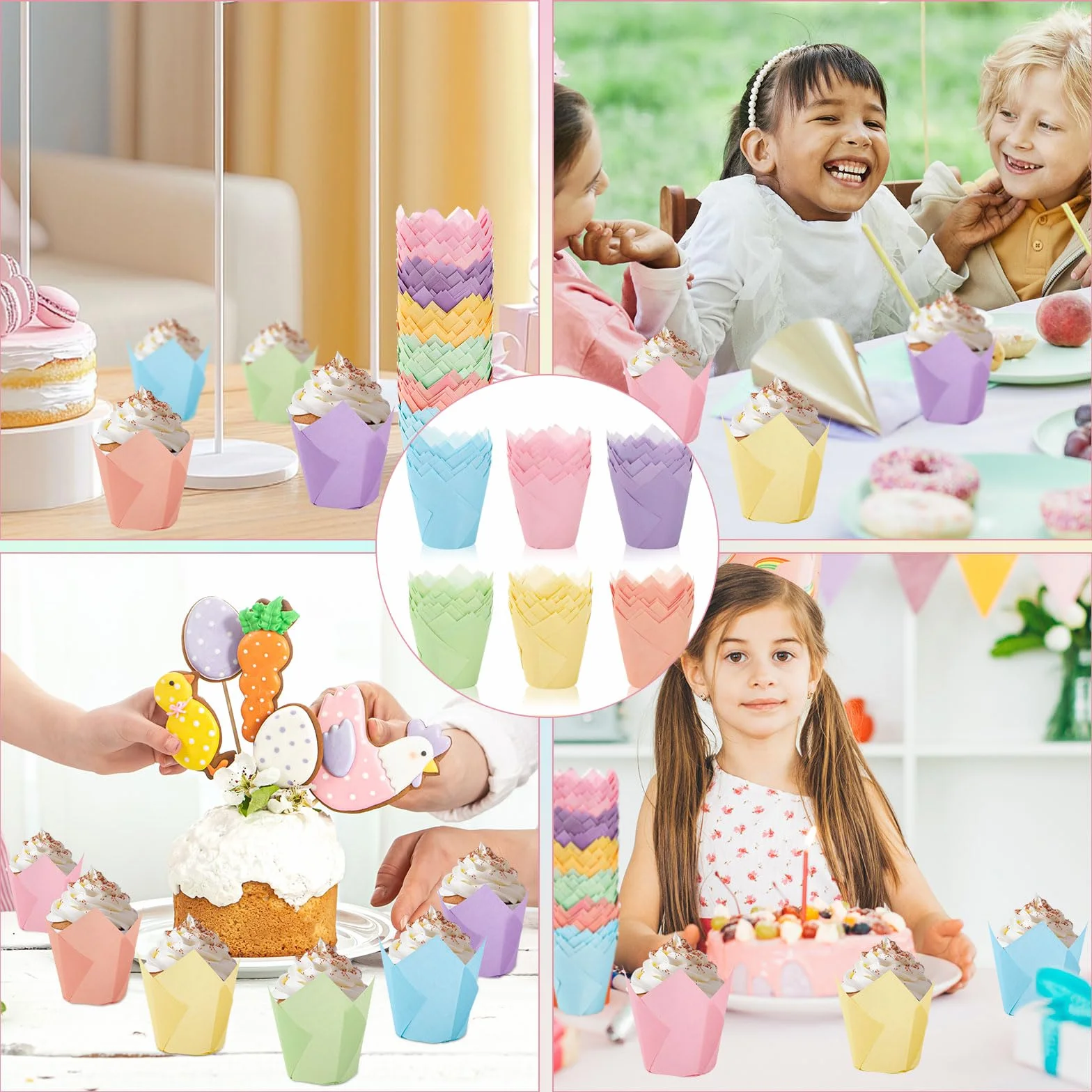 FYSUIMU 180 moldes para magdalenas de tulipán pastel, coloridos moldes para hornear magdalenas, rosa, azul, morado, amarillo, naranja, verde, para primavera, Pascua, vacaciones, suministros de fiesta