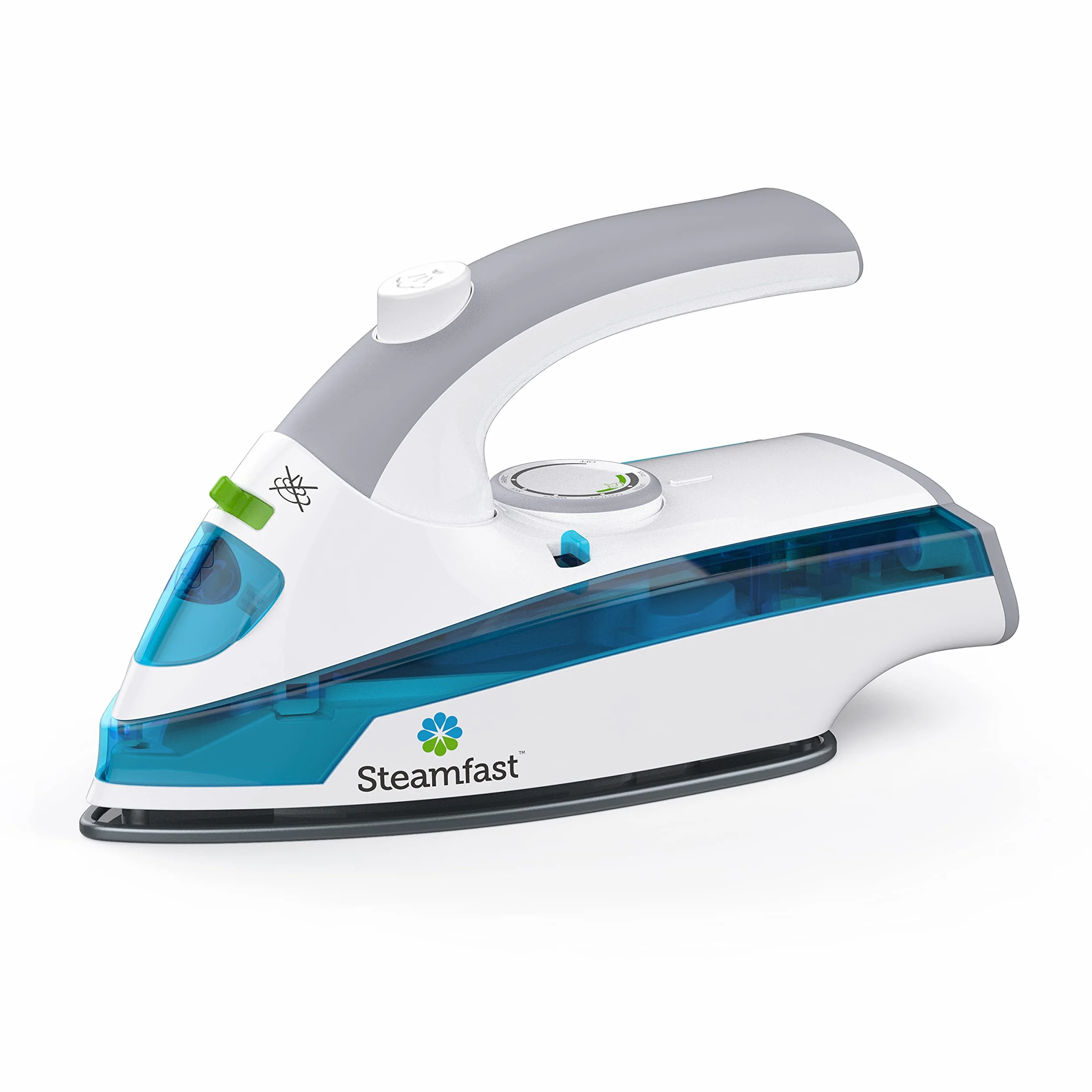 Steamfast SF-710 Mini plancha de vapor, blanco, placa antiadherente, mango plegable