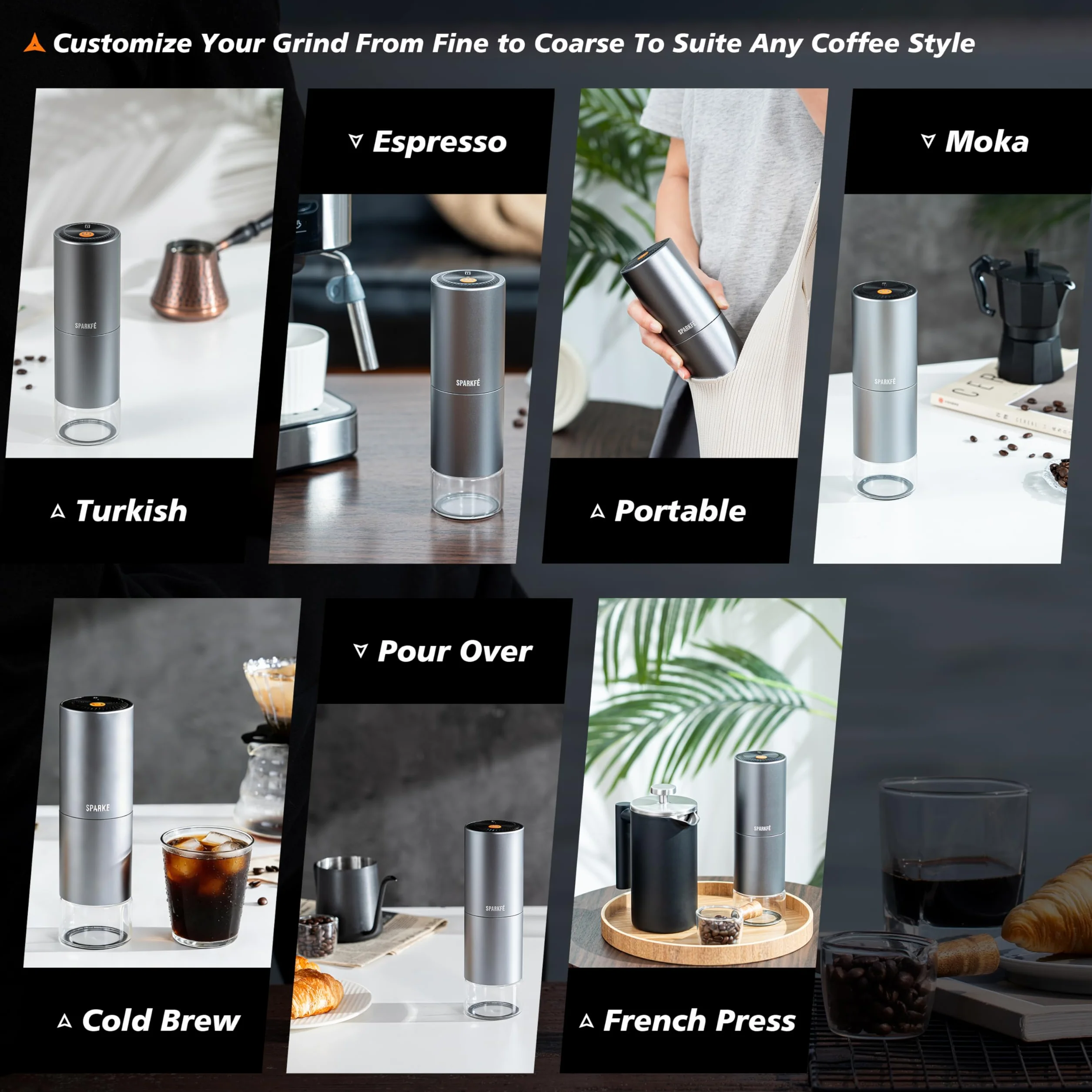 Molinillo de café eléctrico portátil, molinillo de mano recargable con rebaba cónica de acero inoxidable, ajustes de molienda ajustables, para espresso, moka, vertido, prensa francesa