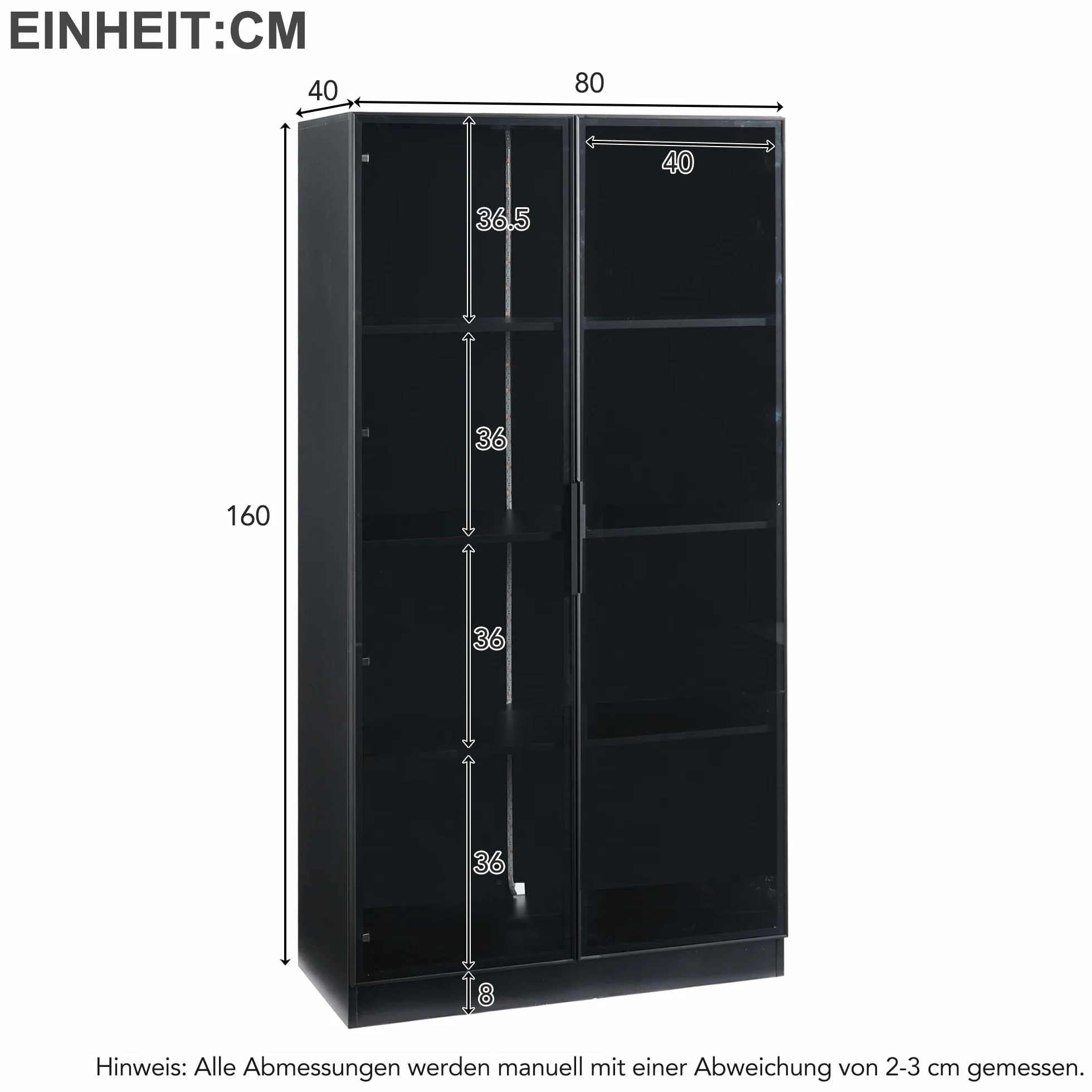 Kebnor Vitrina de cristal con aplicación de iluminación LED, vitrina de doble puerta con estantes móviles, 80 x 40 x 160 cm, armario alto para salón, vitrina de pie, armario de baño