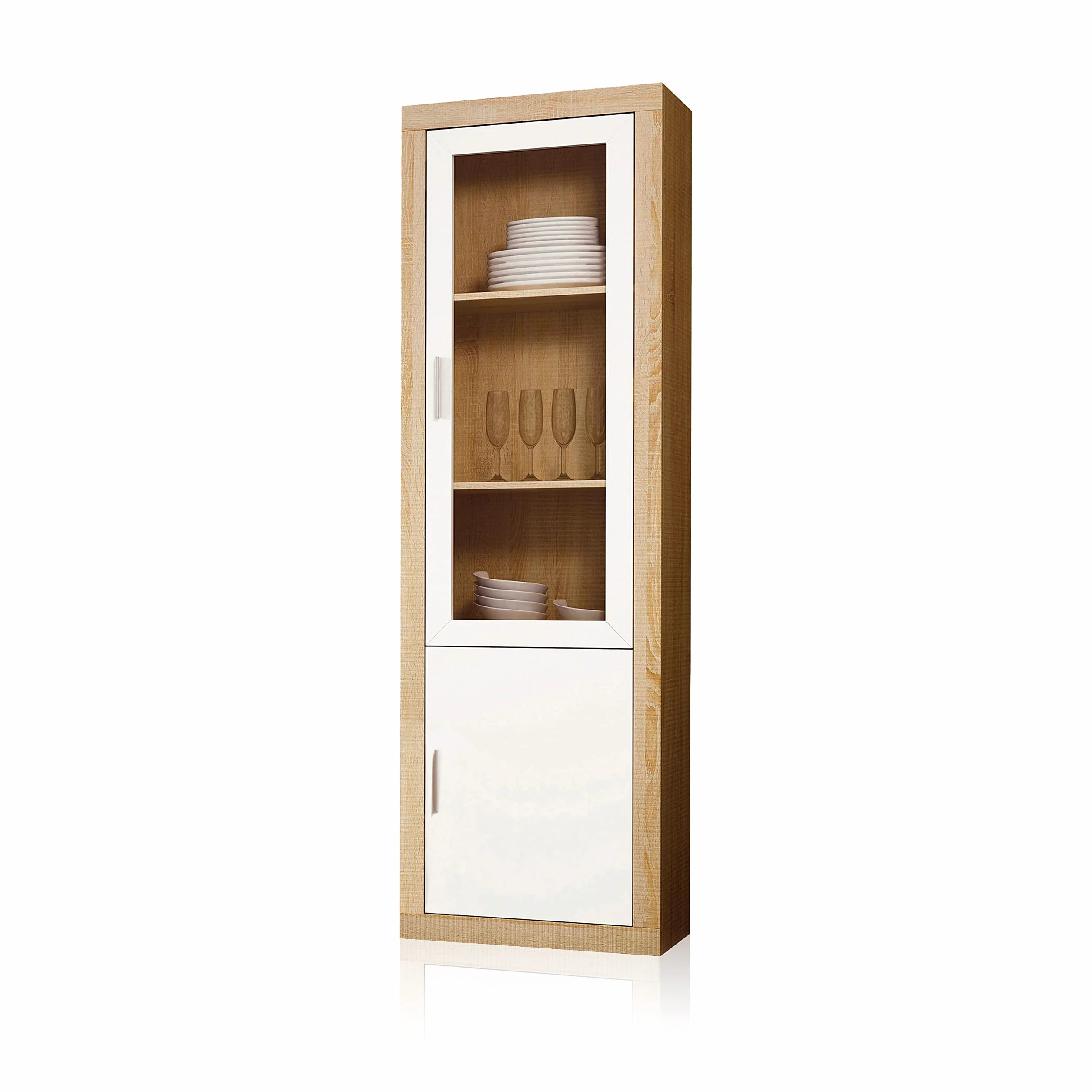 duehome | Salon Modular, Vitrina Reversible con 2 Puertas, Composicion Salon por Piezas, Modelo Nuka, Acabado en Cambria y Blanco, Medidas: 60 cm (Largo) x 193,2 cm (Alto) x 34,6 cm (Fondo)