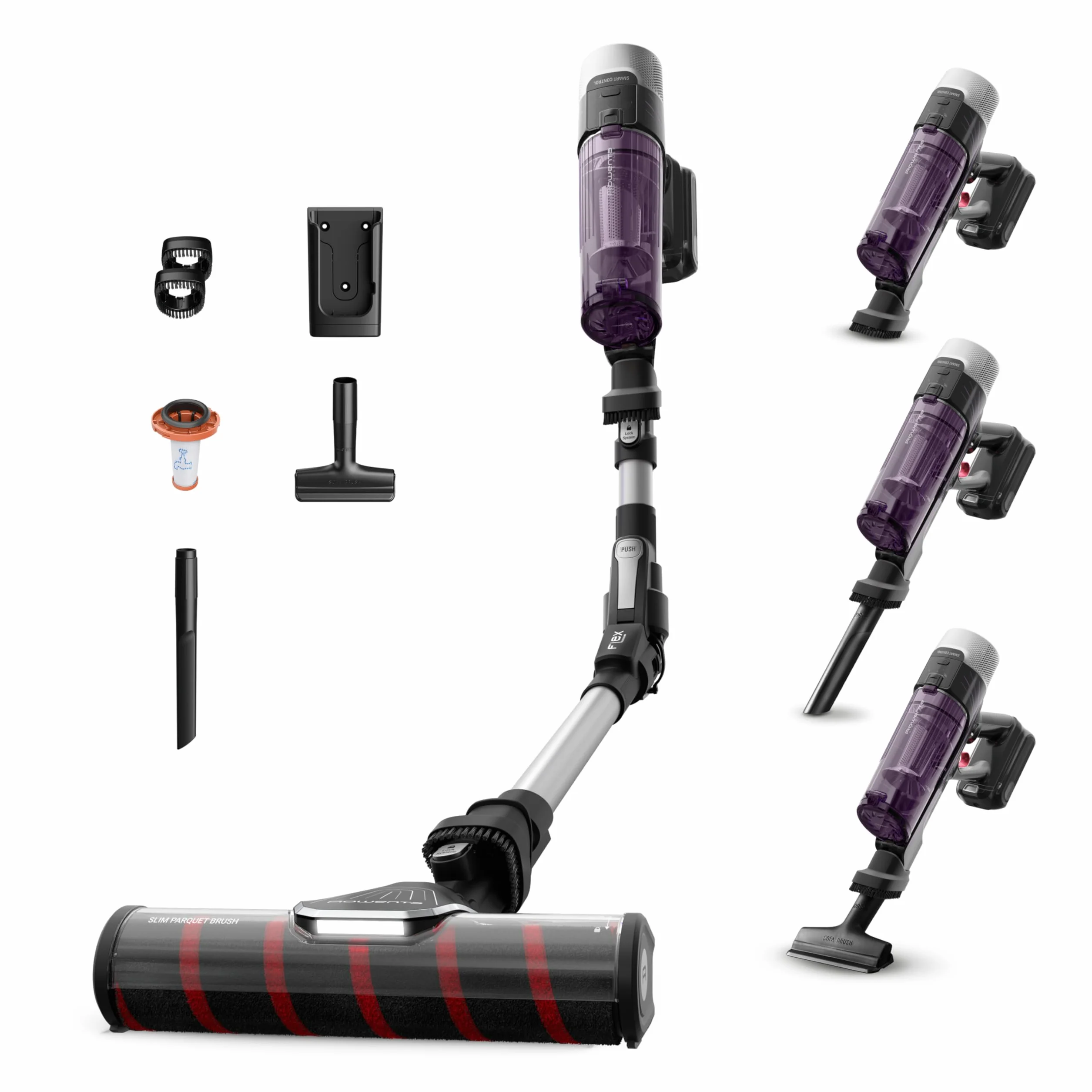 Rowenta X-Force Flex 9.60 Allergy Parquet, Aspiradora escoba sin cable, 100 W, Cepillo para Suelos Duros y Bordes, Tecnología Flex para Acceder a Rincones, Autonomía 45 Minutos, Violeta, RH2047WO