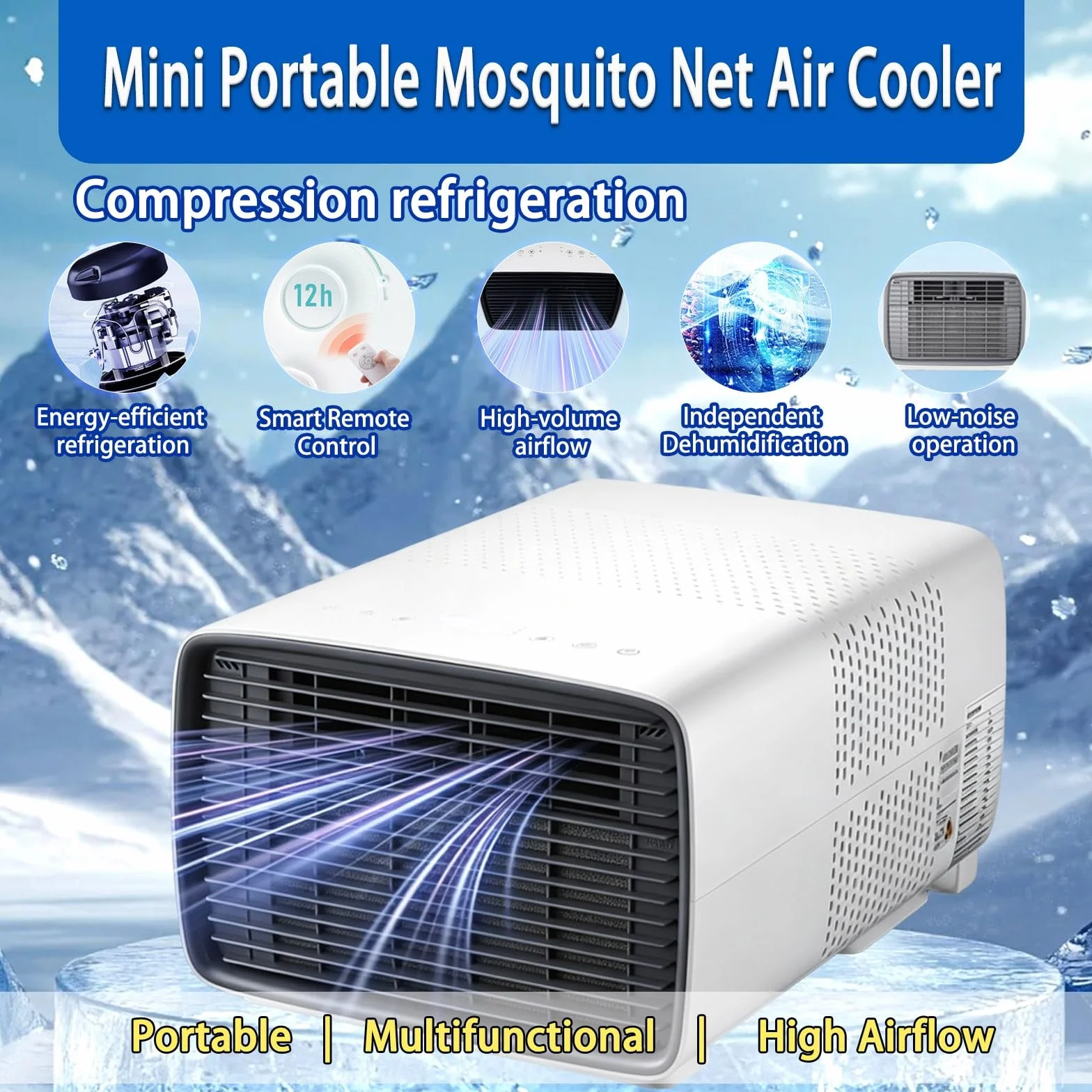 3 en 1 Aire Acondicionado Portatil para Camping, Mini Climatizacion de Tienda Listo para Usar con Tubo de Escape, de Enfriamiento Ecologico para Dormitorio y Roulotte