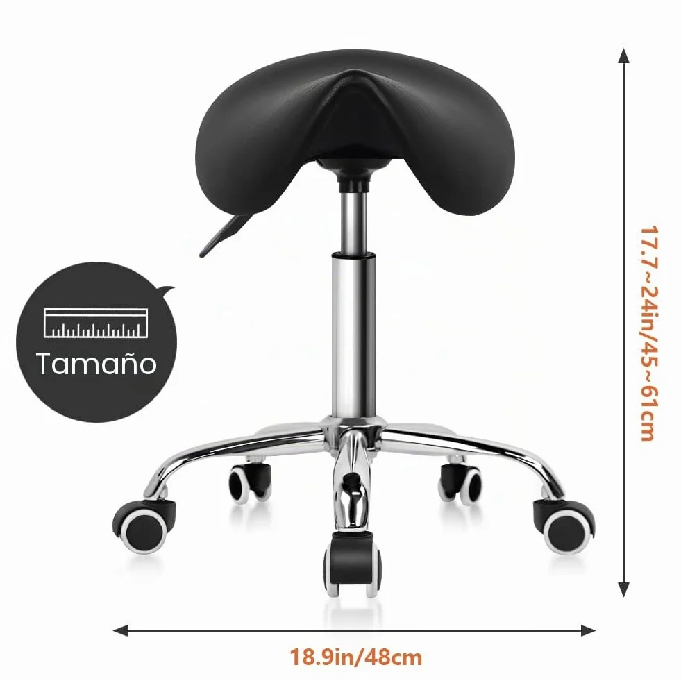 KKTONER Taburete Tipo Silla de Montar, Altura Ajustable 45-61cm, Giratorio 360° con Ruedas, Taburete de Oficina sin Respaldo para Estética, Peluquería y Hogar Negro
