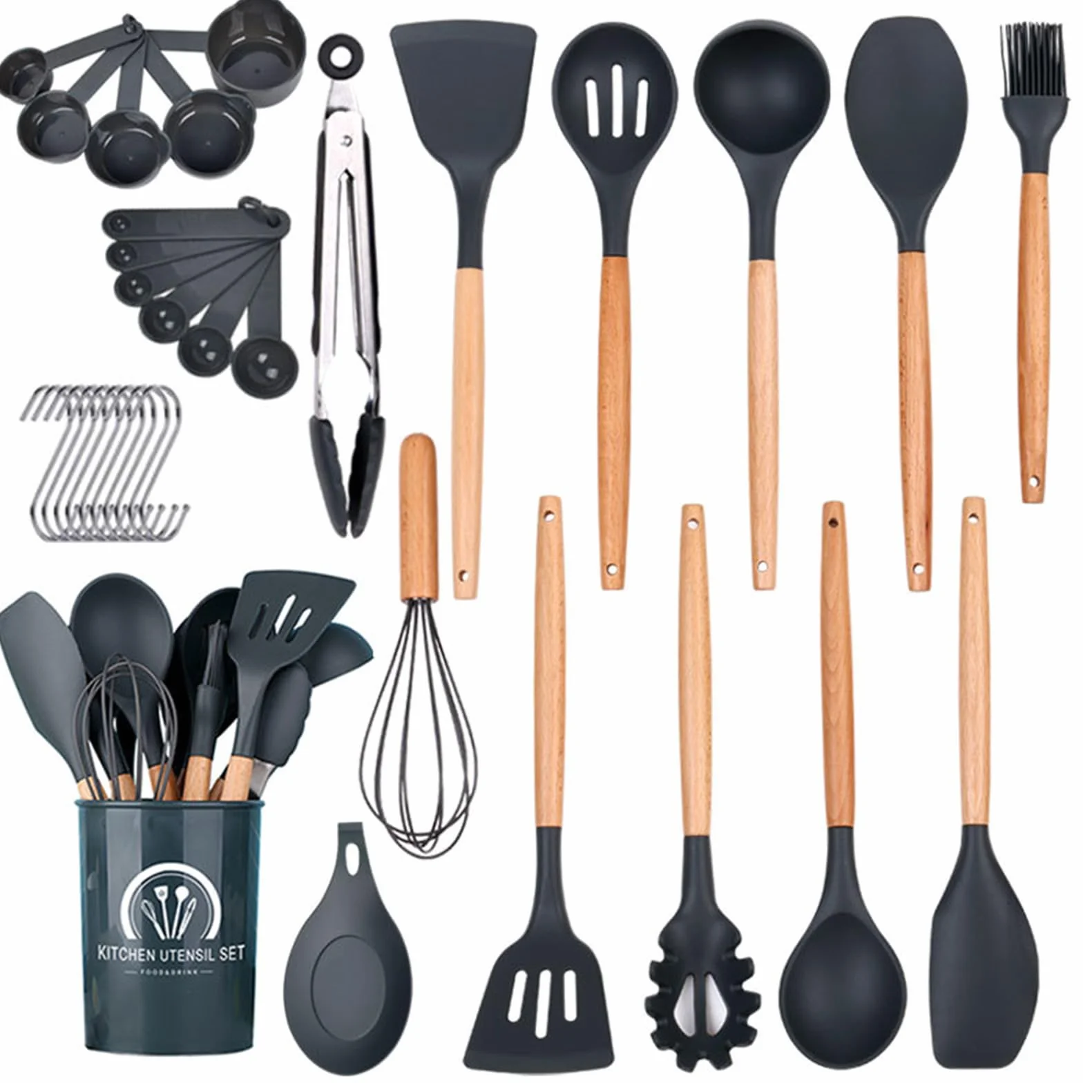 Juego de 15 espátulas de silicona, juego de utensilios de silicona con mango de madera, espátula de cocina de silicona multiusos, antiadherente, con cubo de almacenamiento