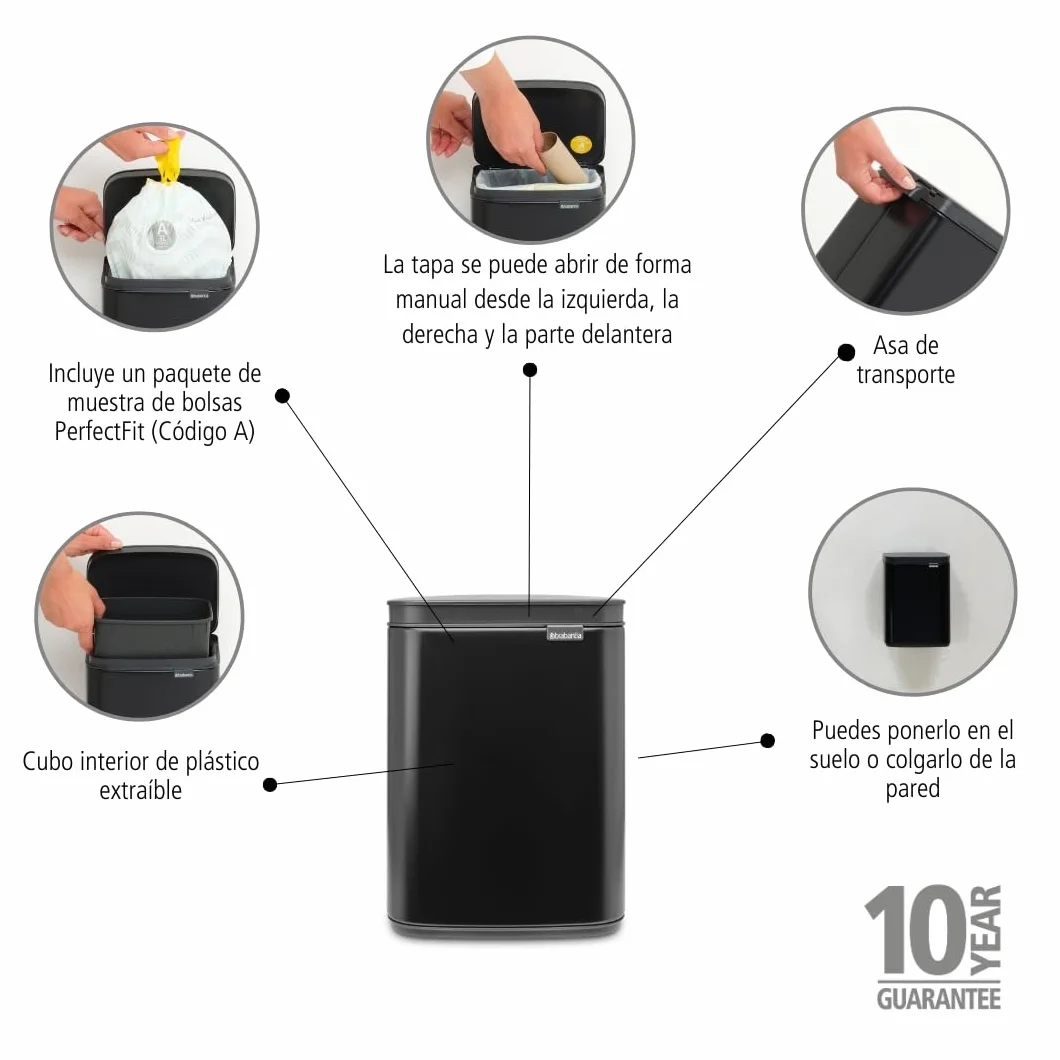 Brabantia Cubo de basura Bo 4 L Negro Mate Tapa apertura fácil cierre suave Montaje en pared