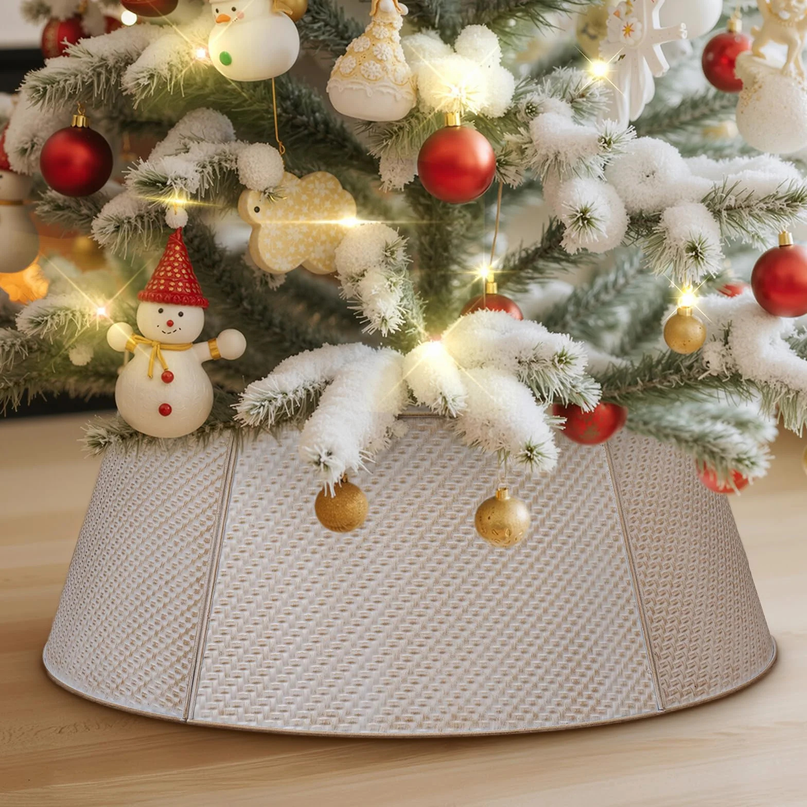 Lanpn Metal Collar Árbol de Navidad 50cm, Albero Natale Decorativo Christmas Tree Collar para Pequeño Mini S Árboles Artificiales Interior Exterior - Decoración Navideña (Blanco, Sarga)