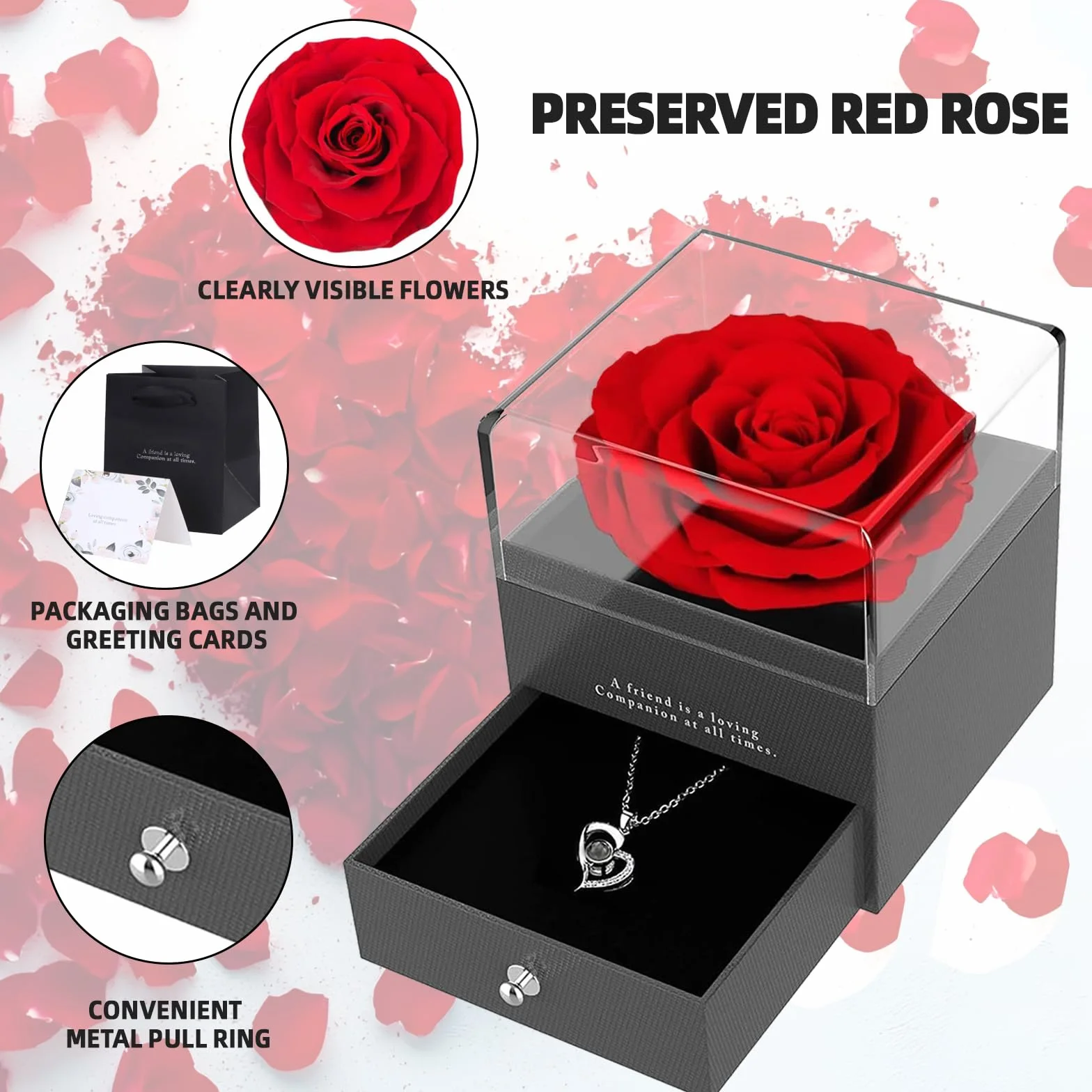 Caja con Flores Estabilizadas Collar Corazón de Perno Regalo Mujer