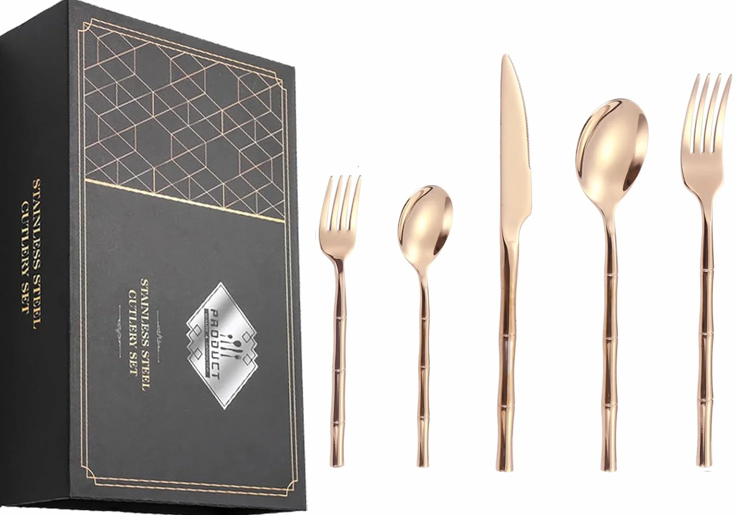 Este Juego de Cubiertos para 4 Personas, Color Oro Rosa, Incluye Cubiertos de Acero Inoxidable, Mangos Tipo bambú y cucharas Estilo francés para Banquetes en el hogar. Color Oro Rosa - 20 pi