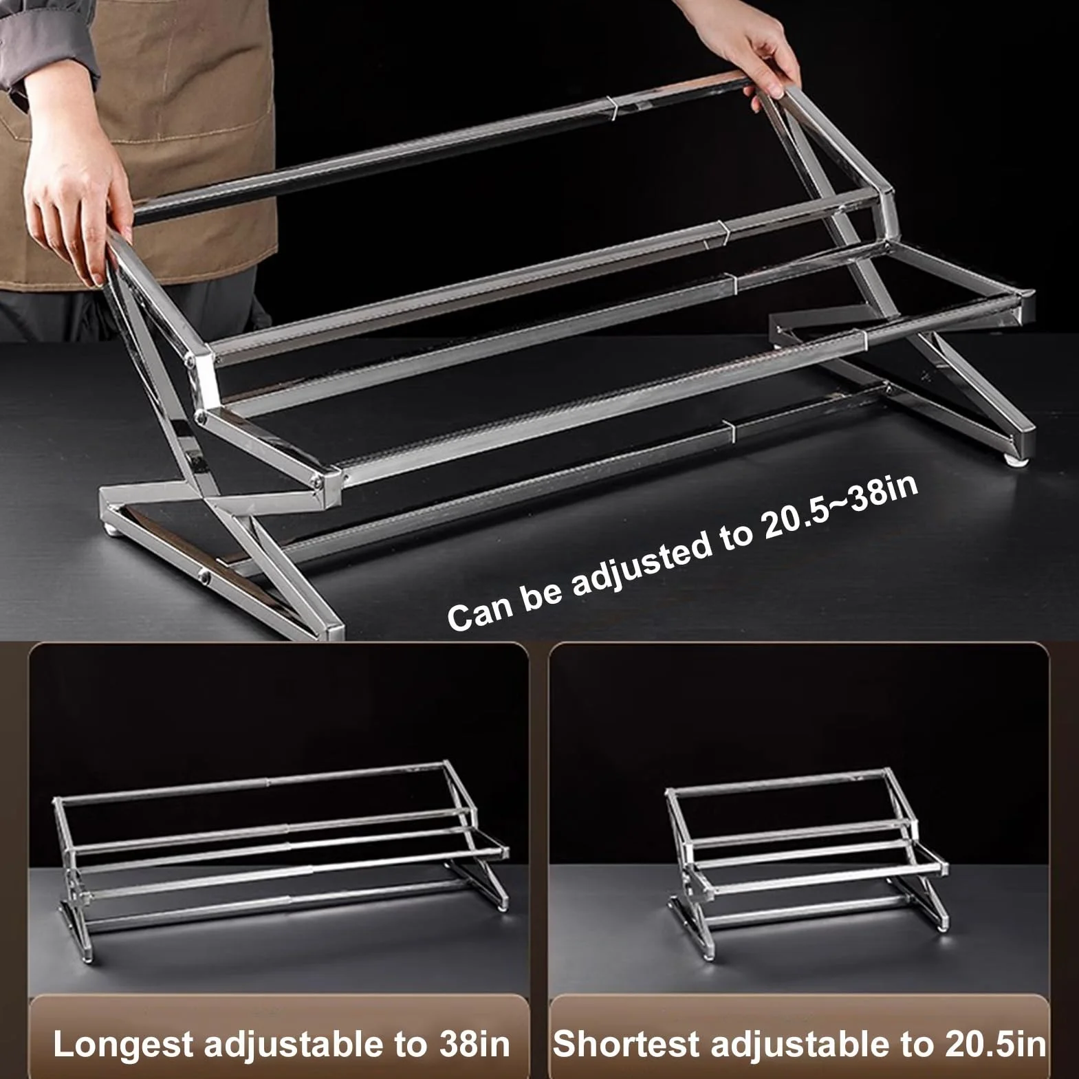 Juego de estante extensible de acero inoxidable 304 para especias, dispensador de condimentos con cucharas para salsas, mermeladas e ingredientes (plata, 96 x 34 x 25,9 cm)