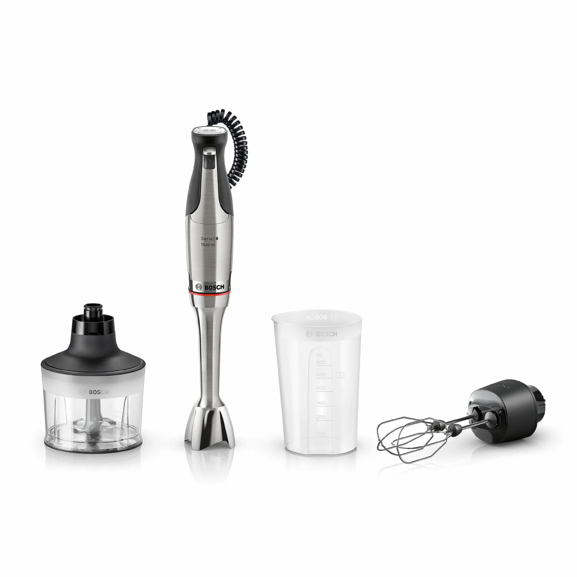 Bosch - Batidora de mano, serie ErgoMaster 8, motor de 1500 vatios, ajuste intuitivo de la velocidad, cuchilla de 6 hojas, accesorios incluidos, acero inoxidable, MSM8M934