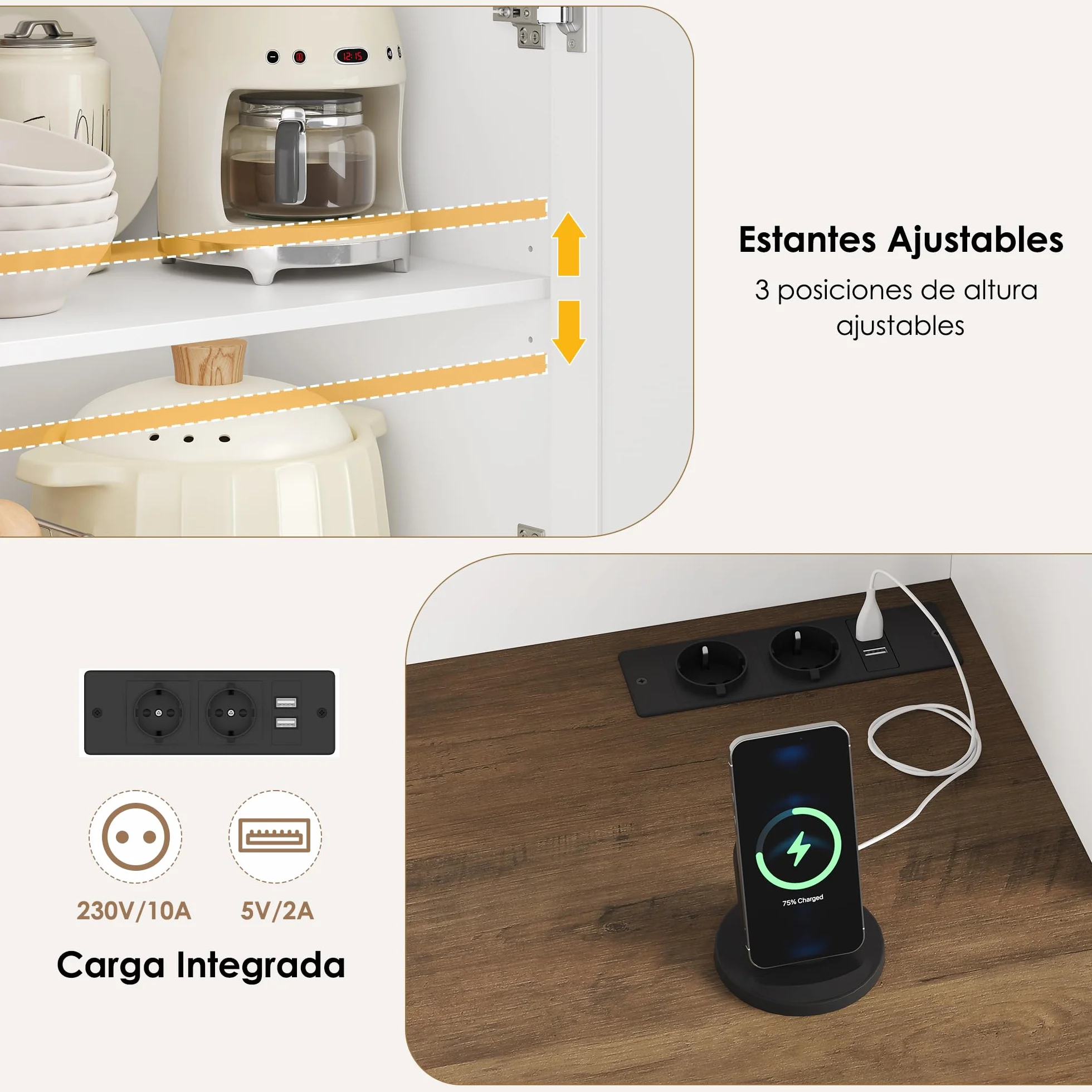 HOCSOK Alacena de Cocina 105x180 cm (BxH)，Armario Blanco con Enchufes, Estantes Ajustables, Mueble de Cocina con Soporte para Microondas, para Comedor Y Sala de Estar