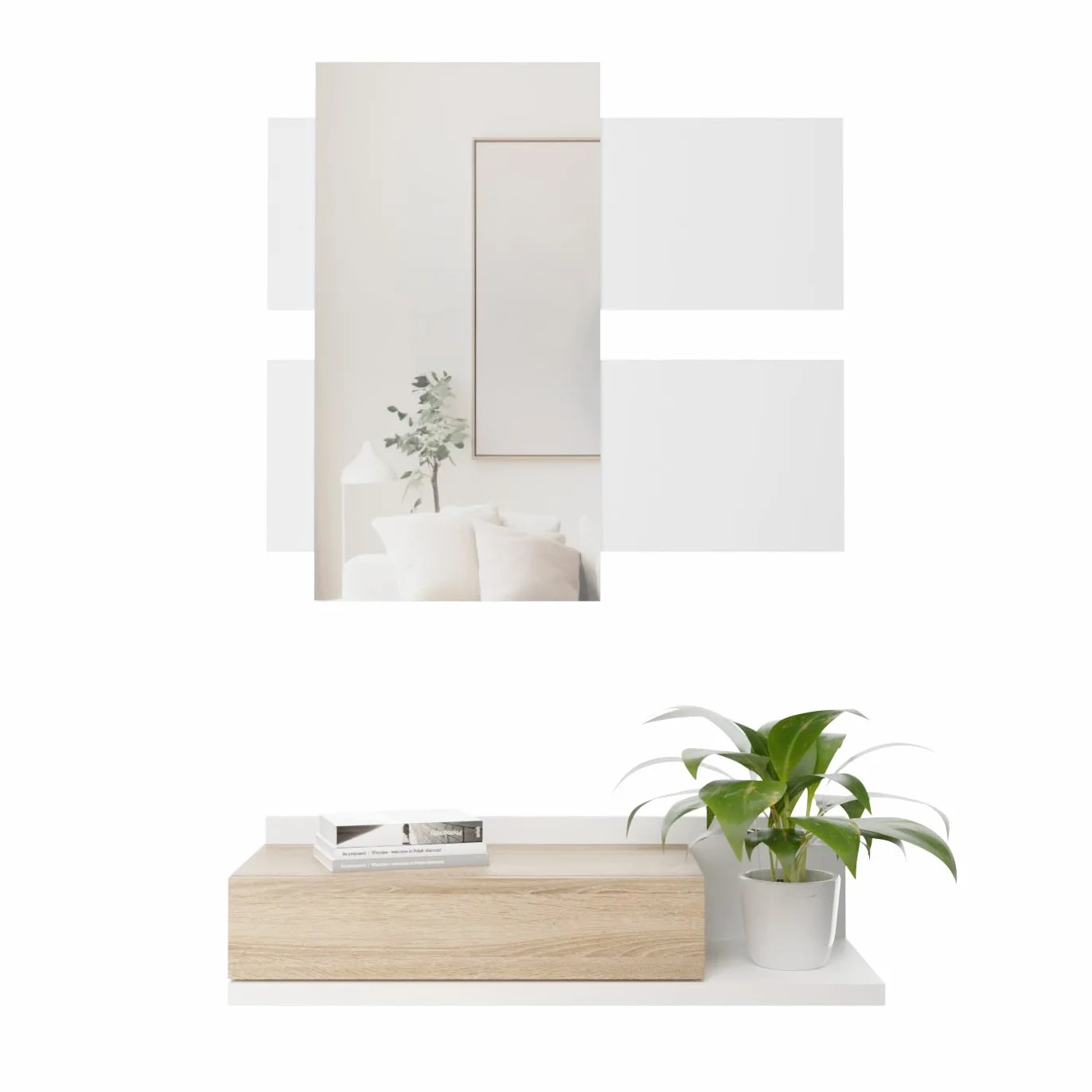 amuéblate online - Recibidor con cajón y Espejo, Mueble de Entrada, Modelo Cool, Acabado en Blanco-Roble, Medidas: 75 cm (Ancho) x 116 cm (Alto) x 29 cm (Fondo)