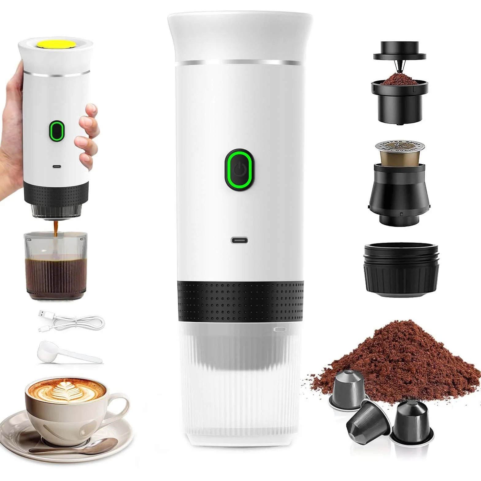 VHV Cafetera Portatil, Cafetera Portátil Cápsula de Espresso 3 en 1, Autocalentamiento de 2a6 Minutos, Para Cápsulas Pequeñas o Grandes y Café Molido,Cafetera Portátil para Oficina y Hogar (Blanco)