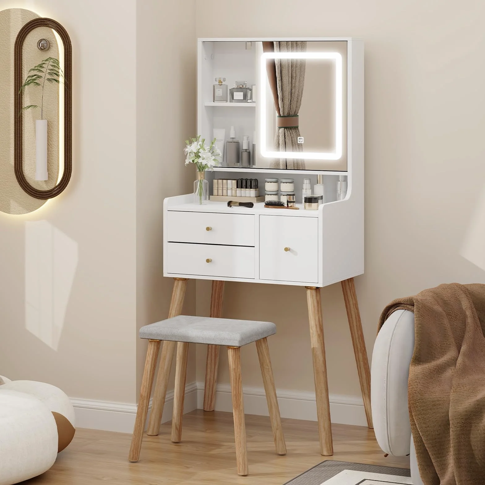 YU YUSING Tocador de Maquillaje con Luz y Taburete Tapizado, Tocador de Dormitorio 3 Cajones, 5 Estantes Abiertos, Espejo LED 3 Colores, Iluminación Regulable, Mesa de Maquillaje 60cm, Moderno Blanco