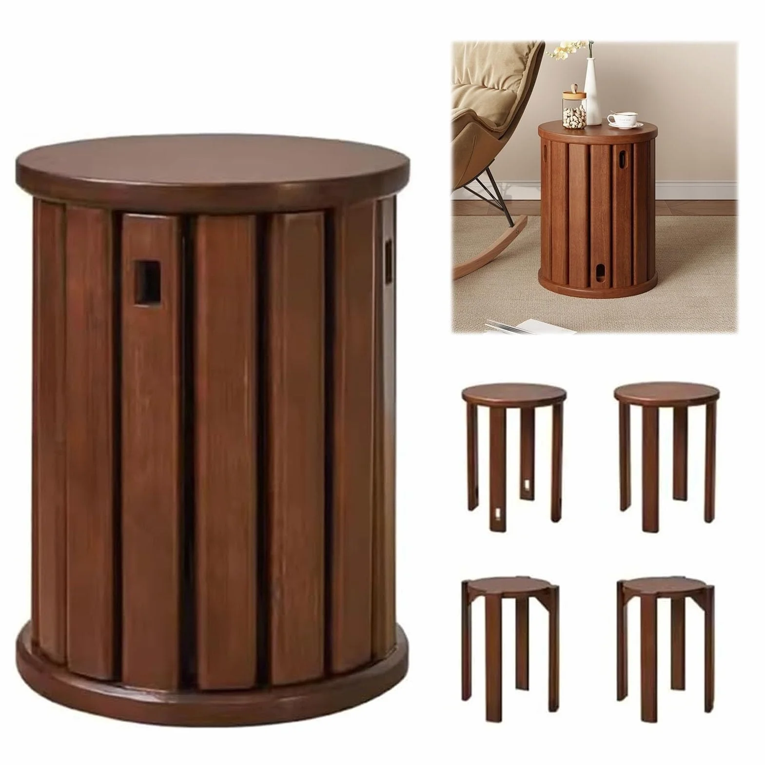 Juego de 4 taburetes apilables de madera, diseño apilable, taburetes de madera pequeños para ocio, combinación apilable, taburete apilable multifuncional para sala de estar, entrada, comedor (nogal)
