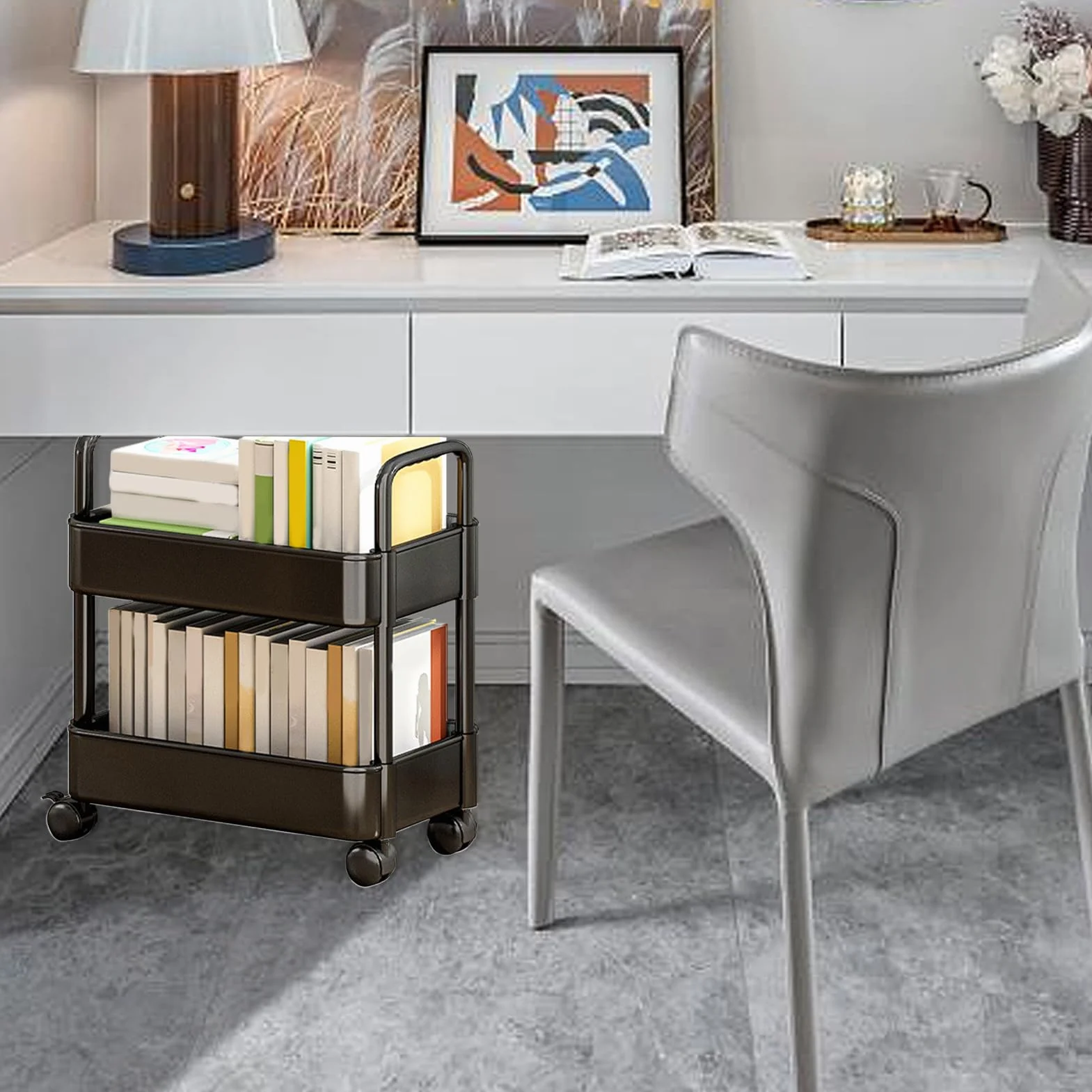 Carrito con 2 niveles, organizador multifuncional para carrito libros, estantería móvil con ruedas, organizador carrito libros para dormitorio, sala estar, escuela en casa, niño