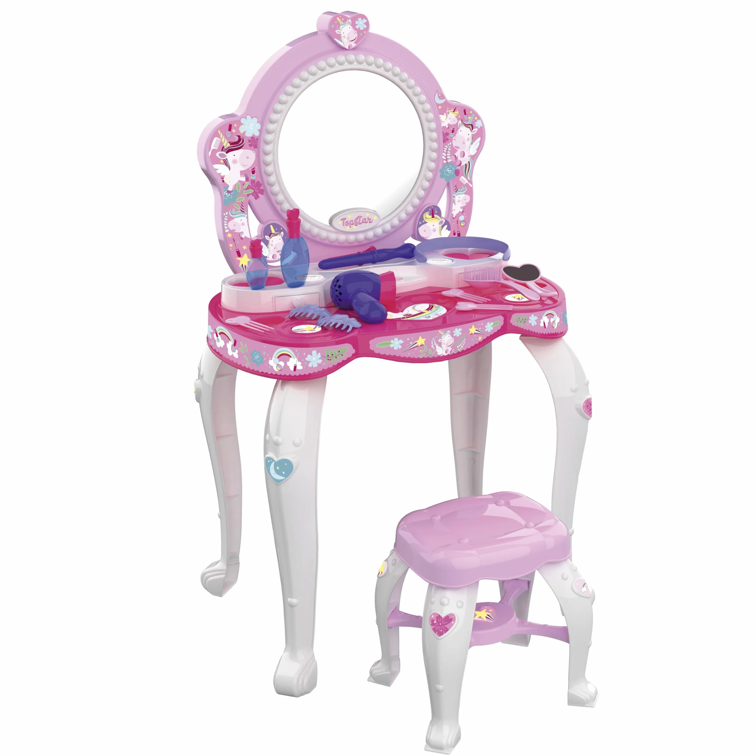 Tocador Infantil Top Star Unicornio para Niñas con Espejo, Taburete y 12 Accesorios