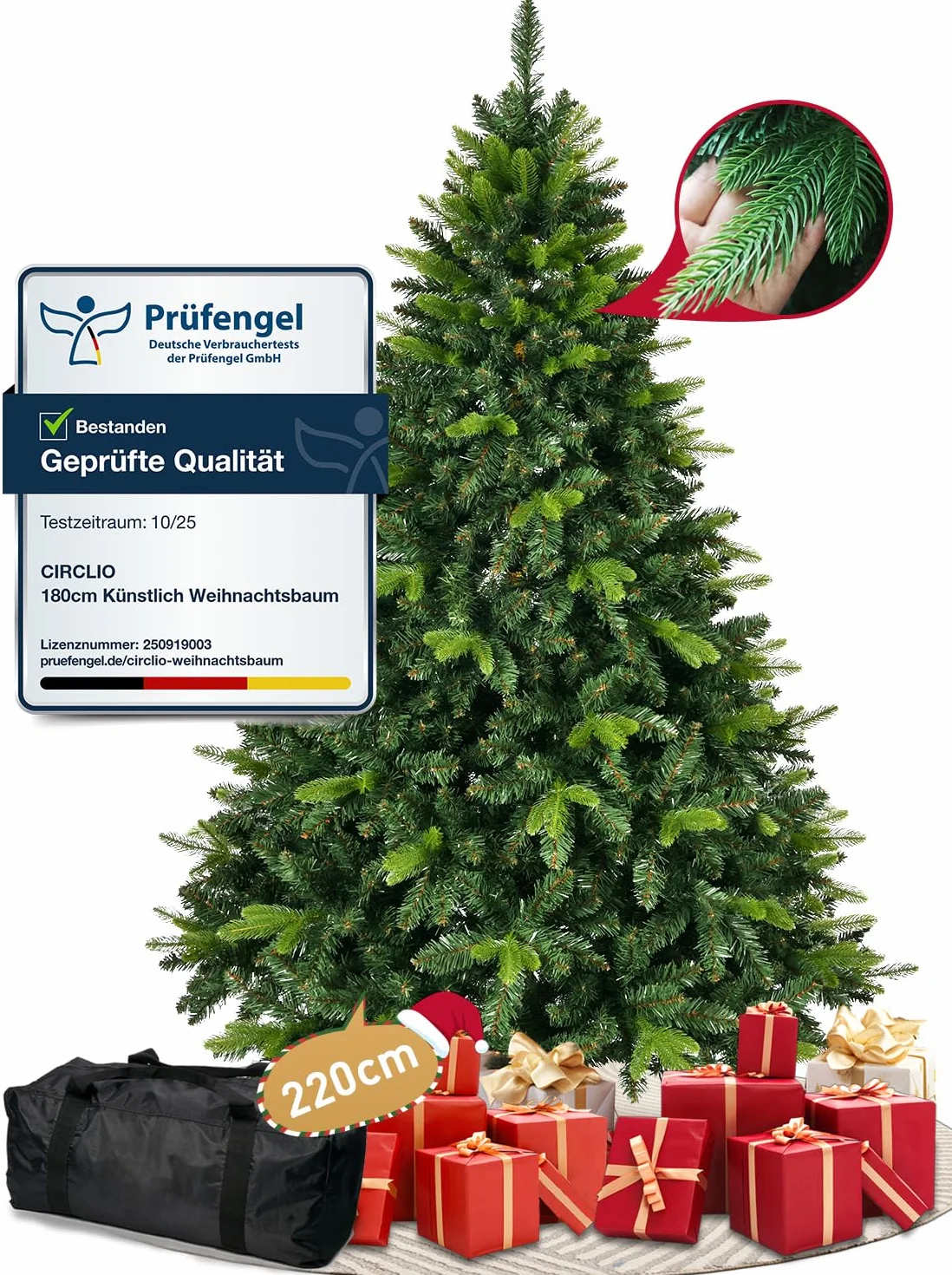 Arbol de Navidad Artificial 220cm - Árbol de Navidad Frondoso y Realista, Fabricado Mediante Inyección, Christmas Tree con Soporte de Madera y Bolsa para Guardarlo
