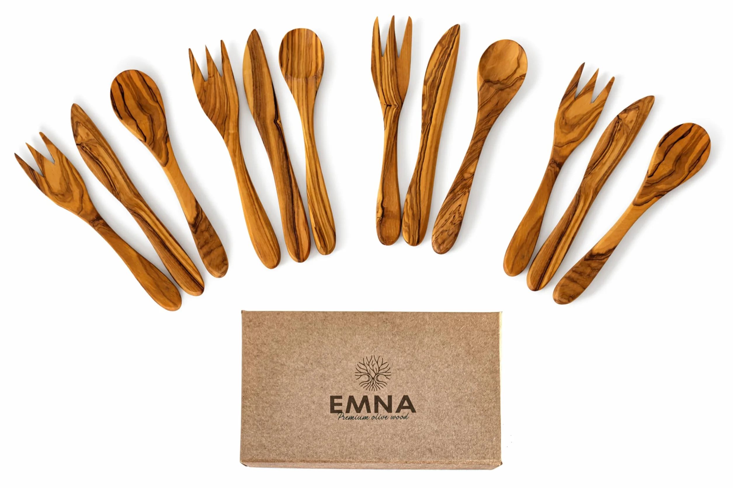 EMNA – Lujoso juego de cubiertos de 12 piezas de madera de olivo maciza de aprox. 20 cm | 4 cucharas, 4 tenedores y 4 cuchillos | Unikat | elegante caja de regalo | idea de regalo premium para Navidad