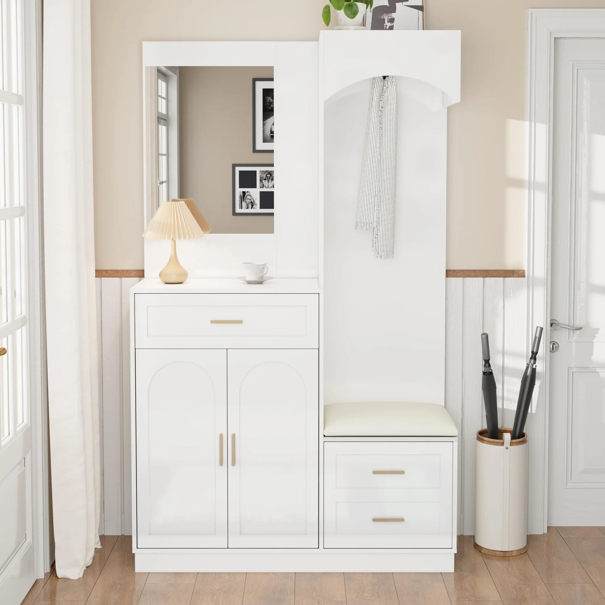 LAKFEW Juego de Perchero Moderno, Recibidores de Entrada con Espejo y Asiento, Conjunto de Perchero Entrada Recibidor Mueble Recibidor con Cajón y 3 Puertas, Percheros, 110x33x185.5 cm, Blanco