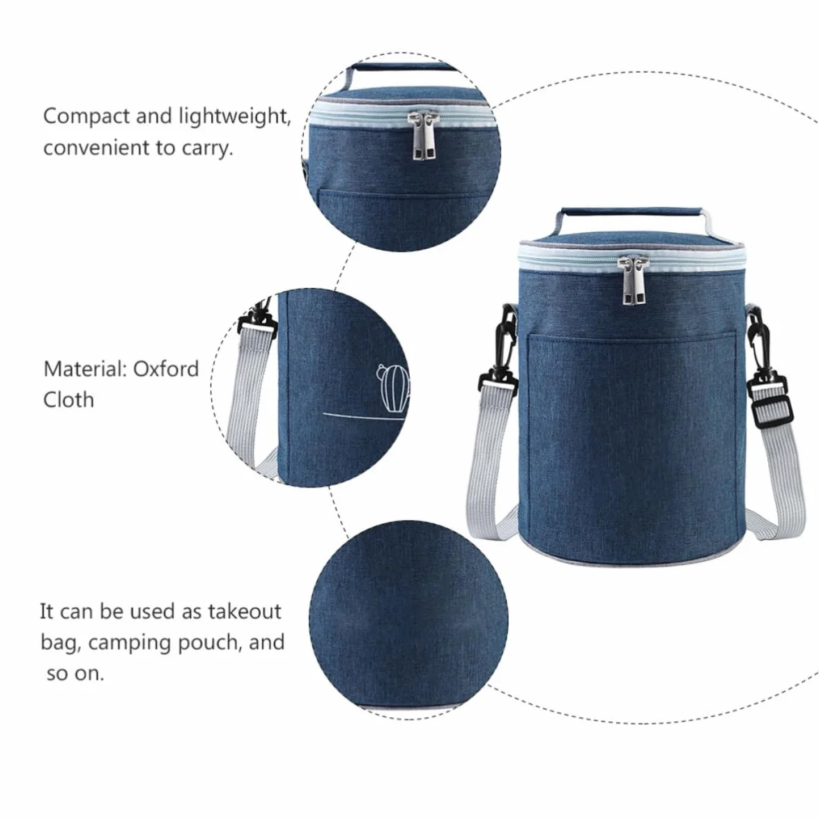 SHERCHPRY Bolsa Térmica de Oxford Portátil y Ligera para Almuerzo al Aire Libre, Bolsa de Comida Aislada Diseño Redondo y Material Resistente para Trabajo y Picnic
