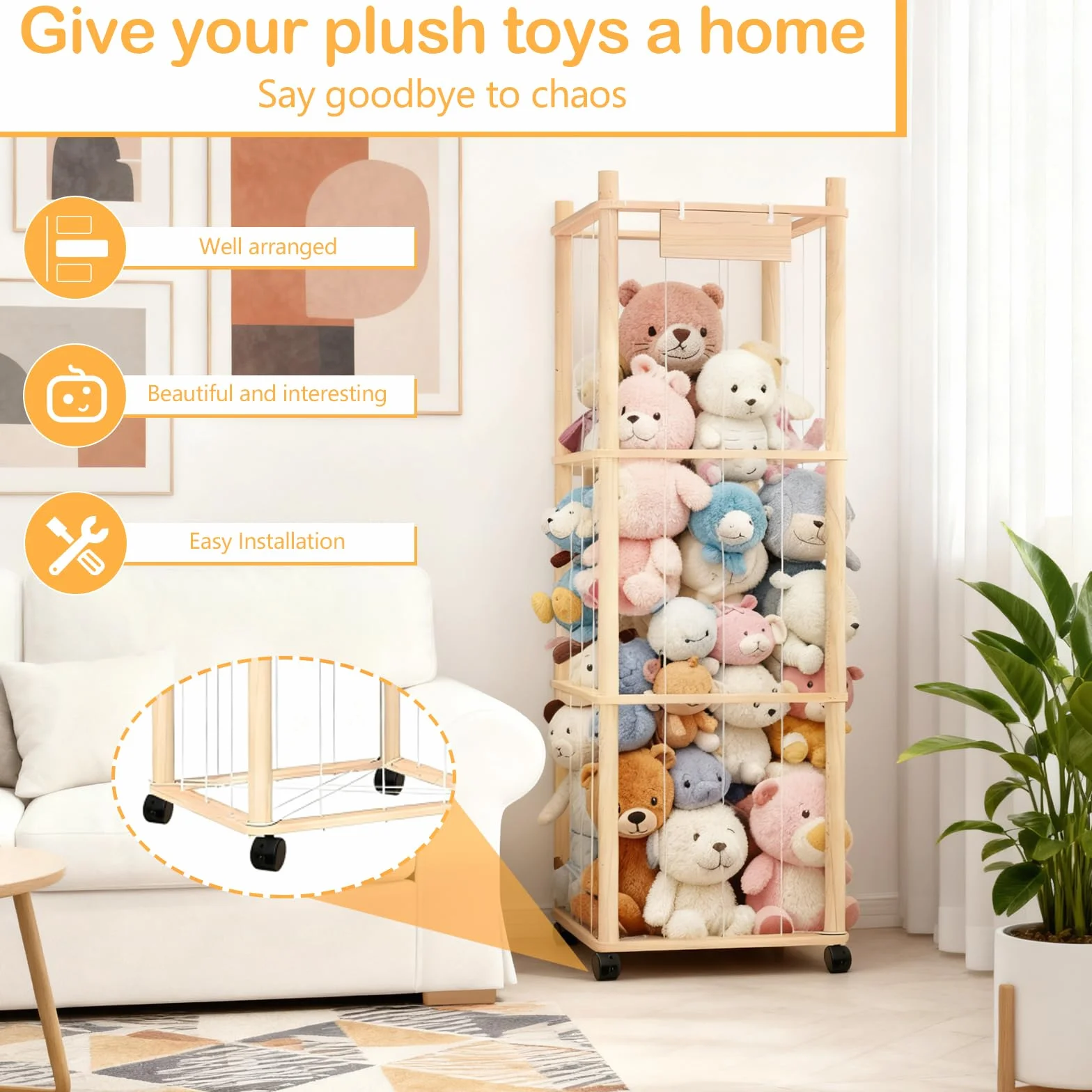 Organizador de Peluches de Madera con Ruedas 360° y Frenos Almacenamiento Juguetes Infantil