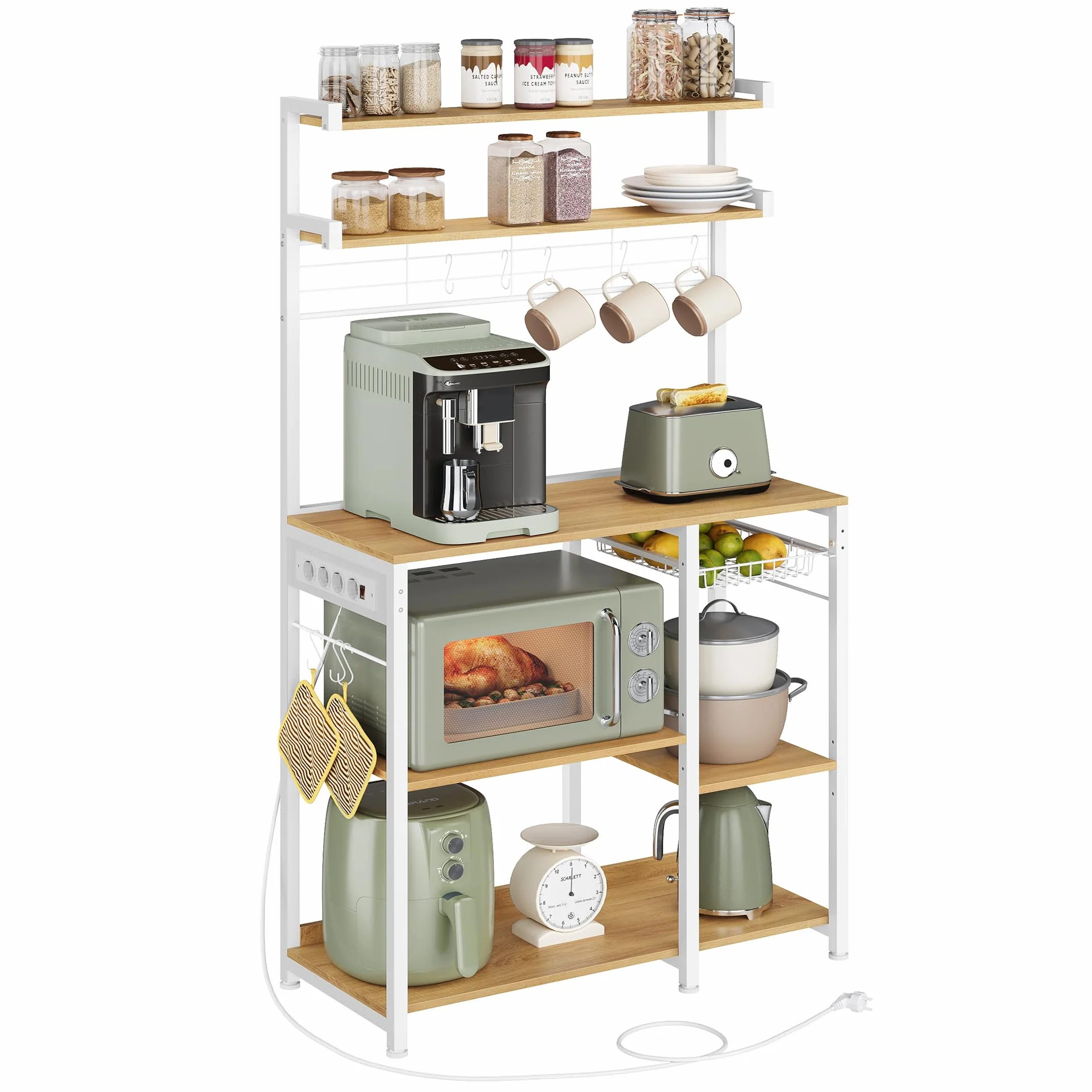 VASAGLE Estantería de Cocina con Enchufes, Estantería de Panadería, Barra de Café, 8 Ganchos en S, Cesta, Especiero, 40 x 90 x 165,5 cm, Roble Dorado y Blanco Nube KKS031Y19
