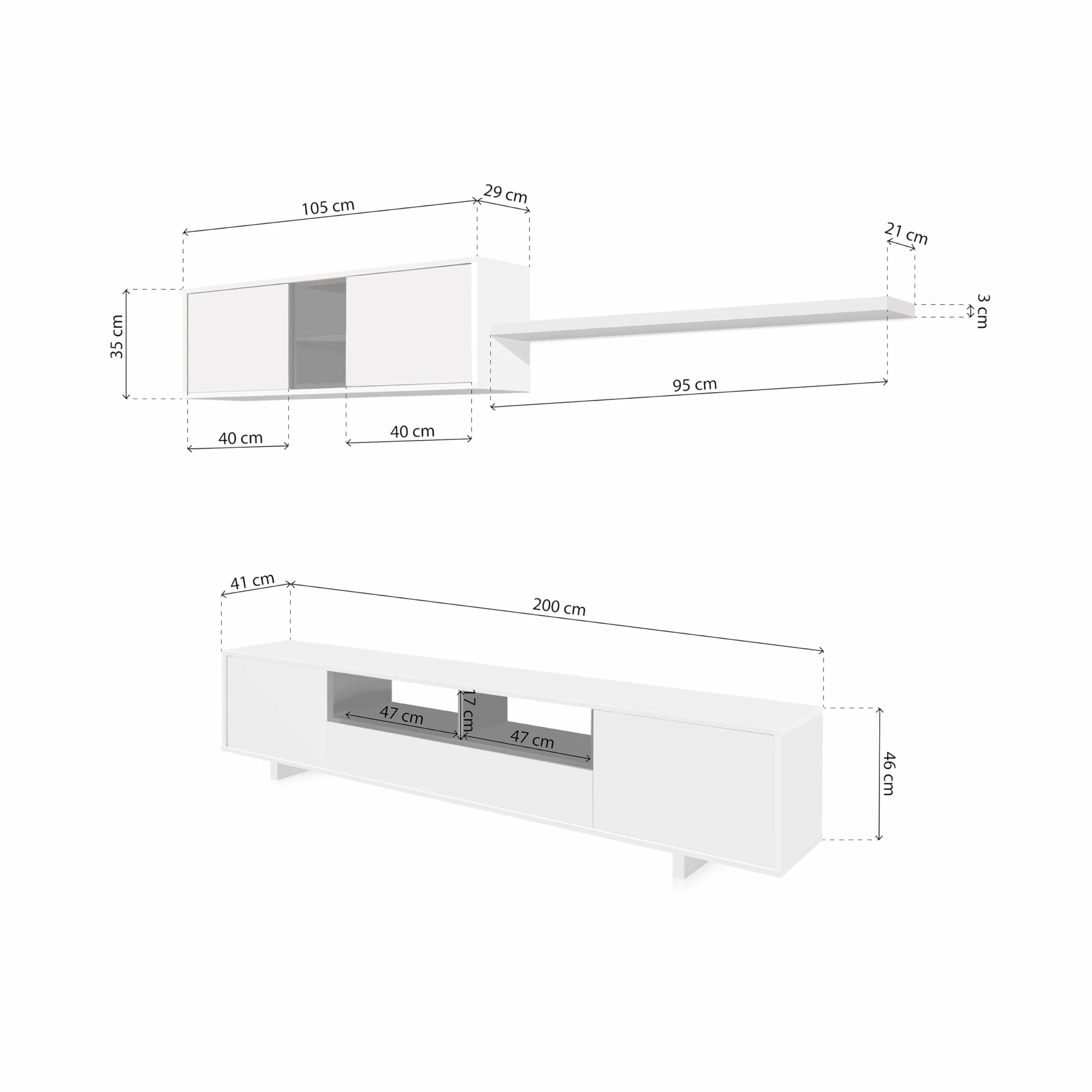 duehome | Mueble de Salon Moderno, Modulos Comedor, Modelo Kenzo, Acabado en Blanco Brillo y Gris Antracita, Medidas: 200 cm (Ancho) x 41 cm (Fondo) x 46 cm (Alto)