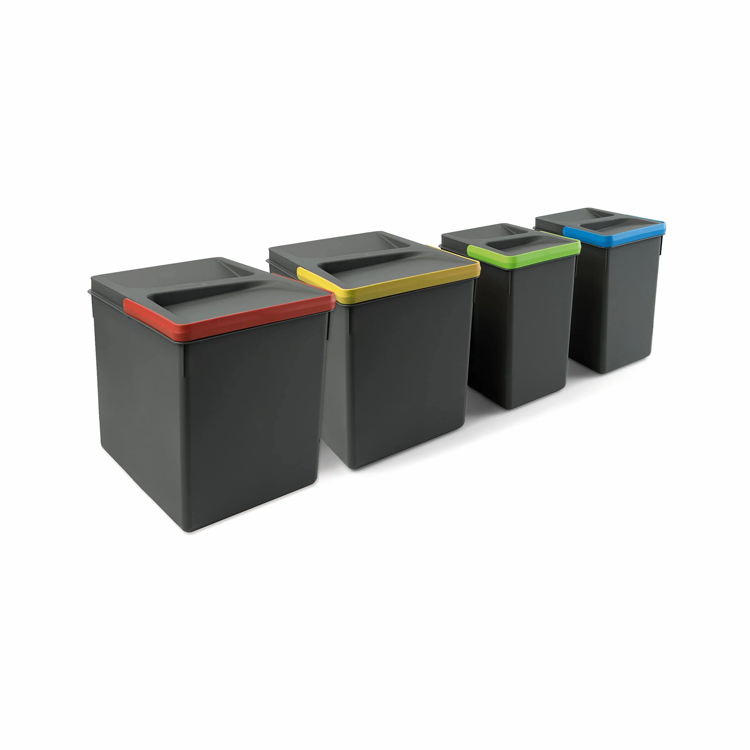 EMUCA - Contenedores de reciclaje, 15 L + 15 L + 7L + 7 L, módulo 800 mm, Plástico, Gris antracita, 4 ud. + Base