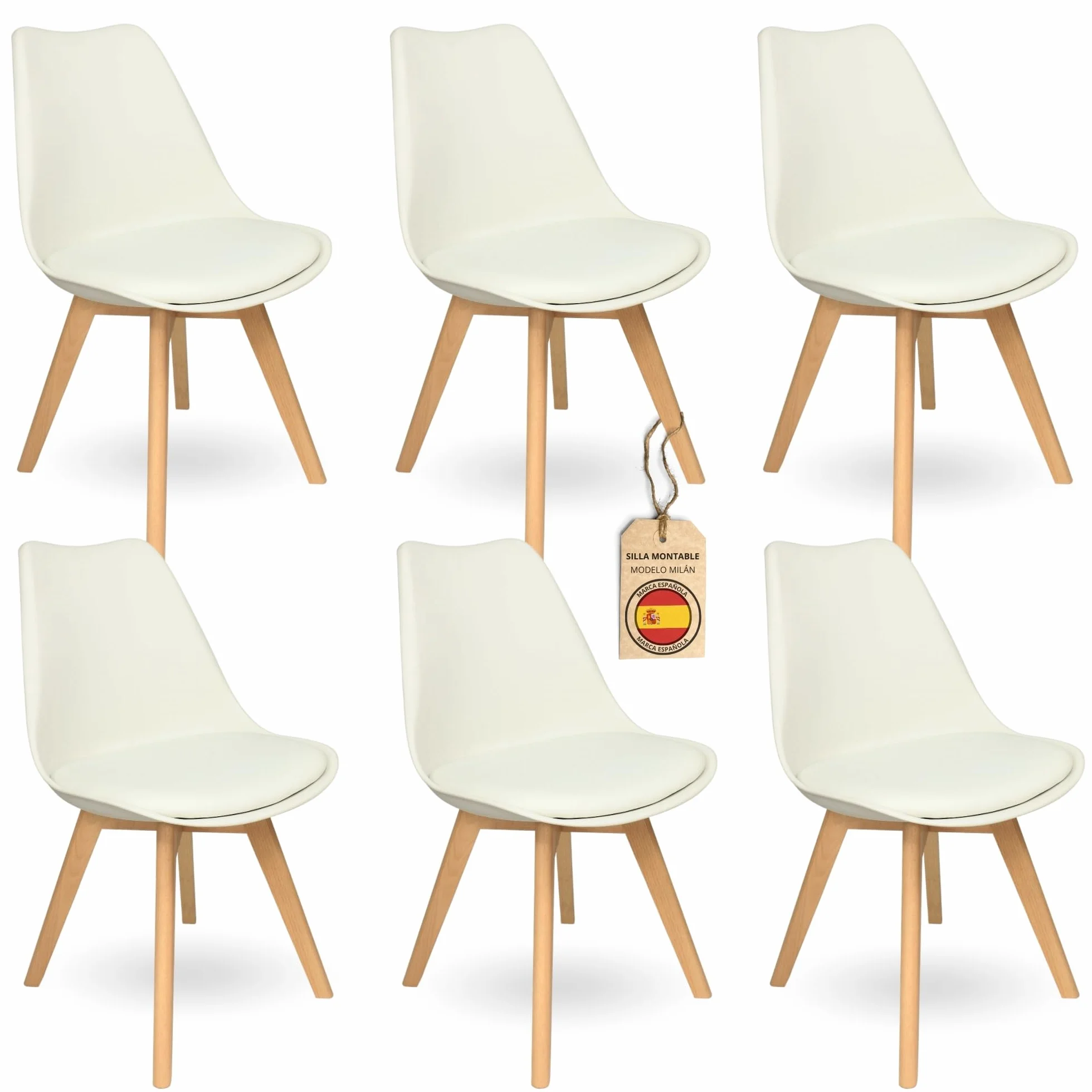 HOME DESIGN & CONFORT ®Sillas de Comedor Nórdicas con Respaldo Ergonómico con Material PU y Patas con 2,8cm de Anchura | Sillas de Cocina con Madera de Haya Maciza (6 Sillas Blancas)