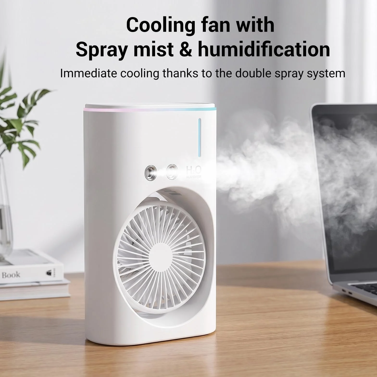 EXTRASTAR Ventilador de niebla portátil, ventilador de carga USB con tanque de agua, iluminación RGB, tanque de 280 ml, ideal para oficina, viajes y actividades de plei