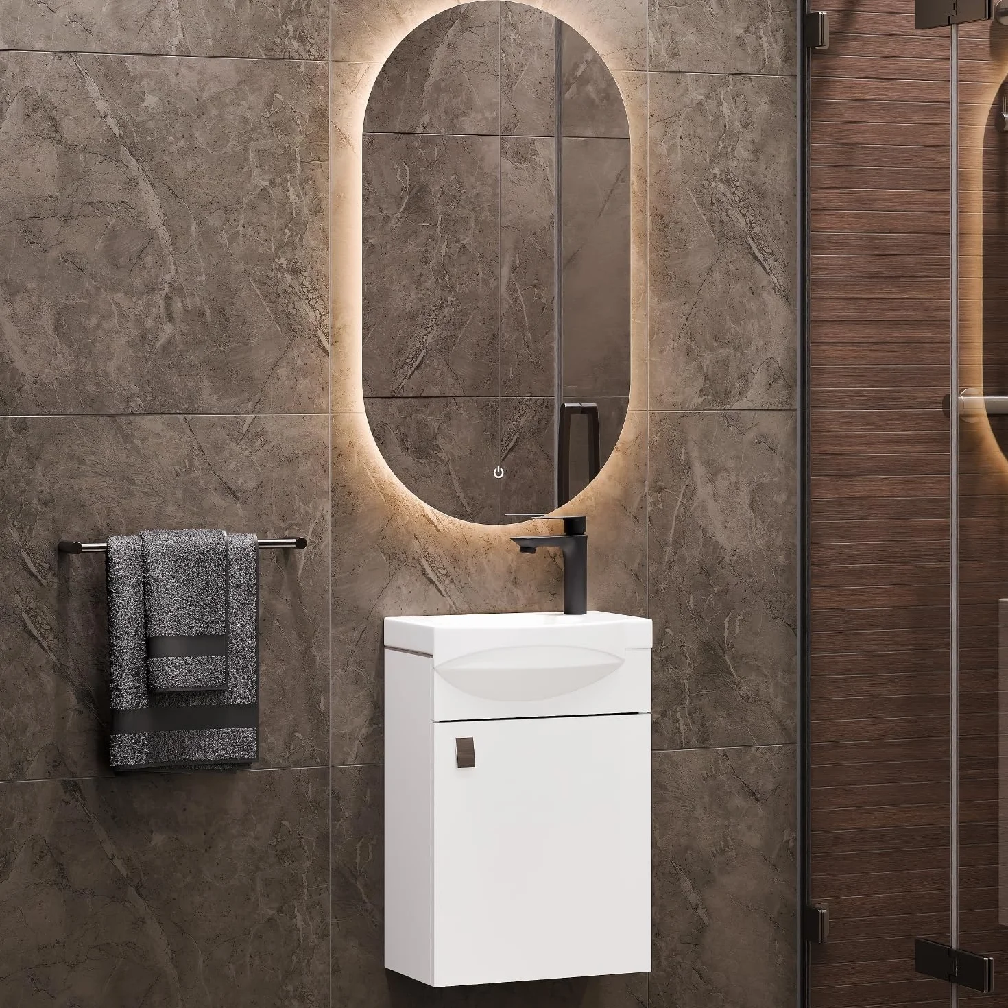 Planetmöbel Conjunto de Muebles de baño Lavabo 40 x 60 x 29 cm, Espejo con iluminación 50 x 90 cm, Blanco