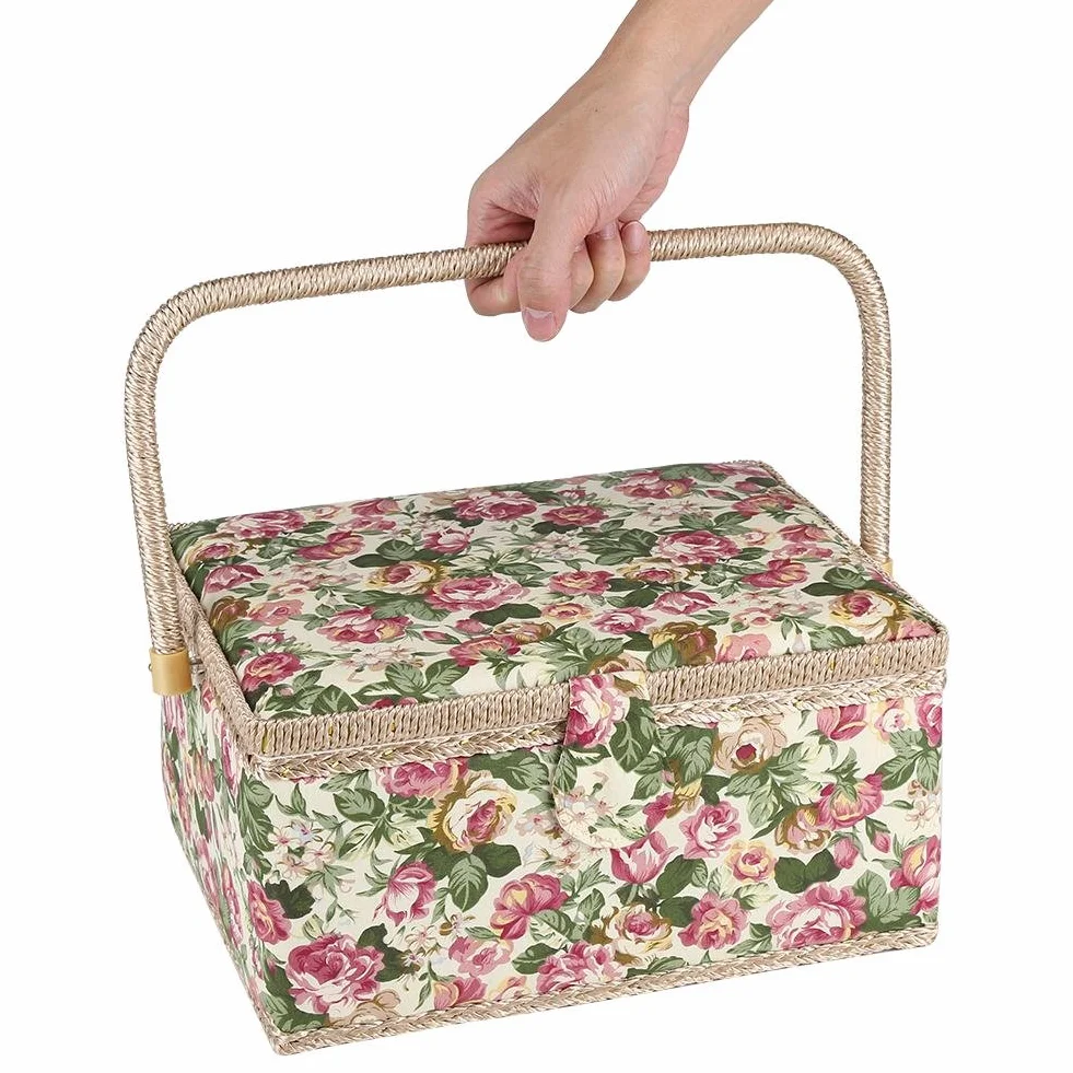 lyrlody Cesta de Costura Vacía con Compartimientos, Caja de Almacenaje de Tela con Tapa y Asa, 30,5 x 23 x 15,5cm