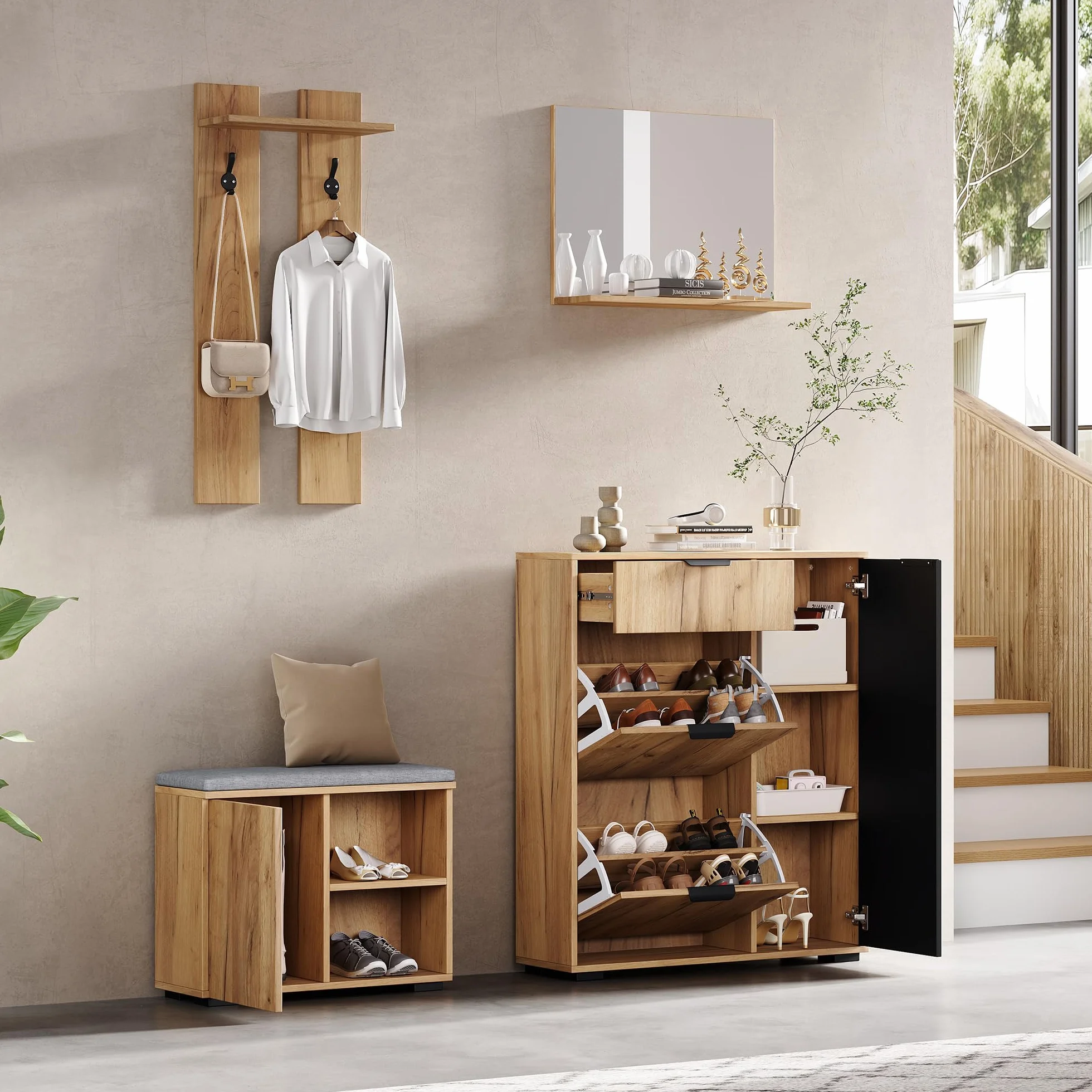 LAKFEW Conjunto de Perchero de Pared con Espejo y Zapatero, Perchero Entrada Recibidor con Banco Almacenaje y 2 Ganchos, Juego de Mueble Recibidor Entrada con Cajón, 140x35x139 cm, Natural+Negro