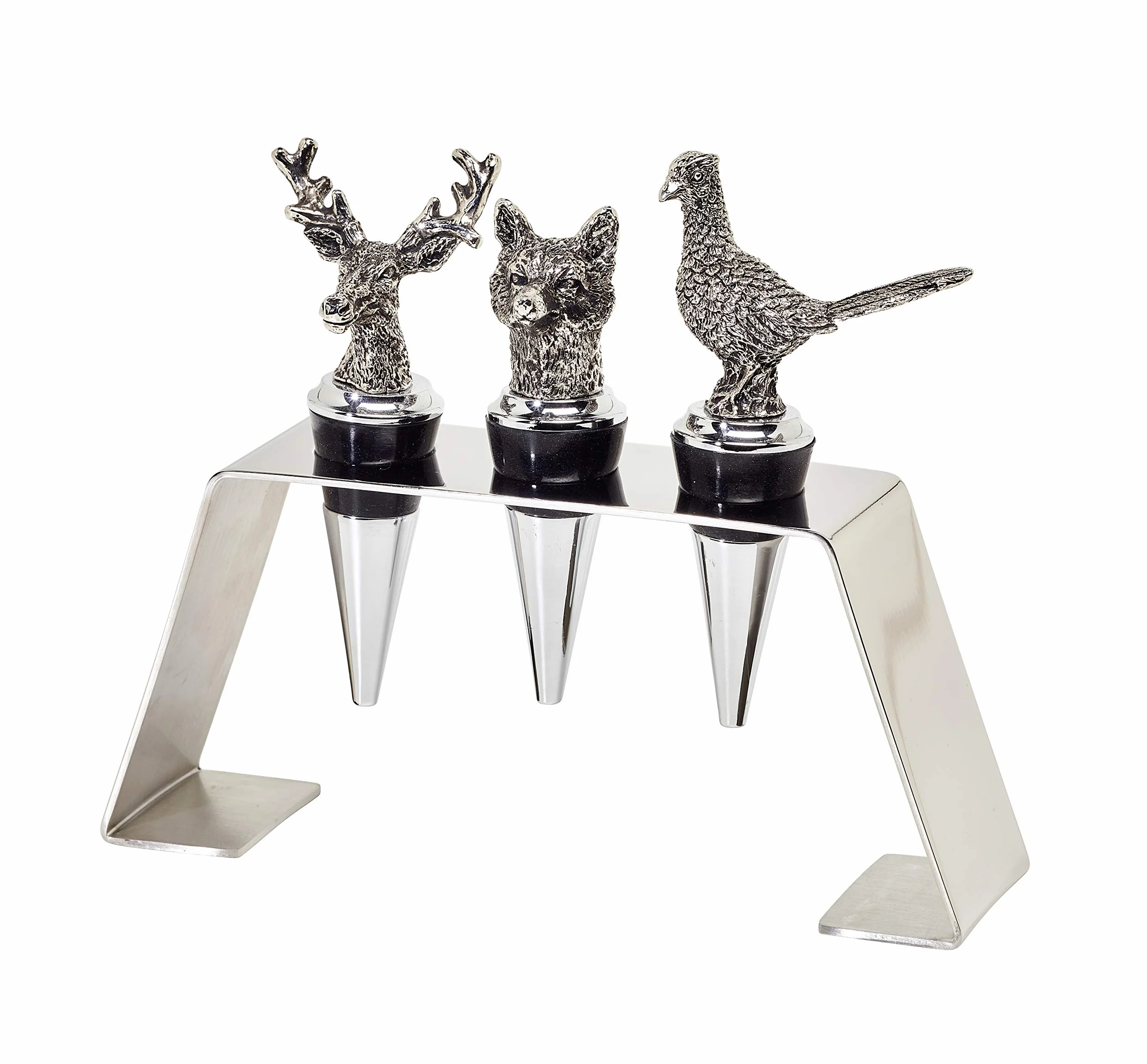 EDZARD Juego de 3 tapones para botellas de acero inoxidable con soporte, ciervo, jabalí, faisán, altura 9 cm