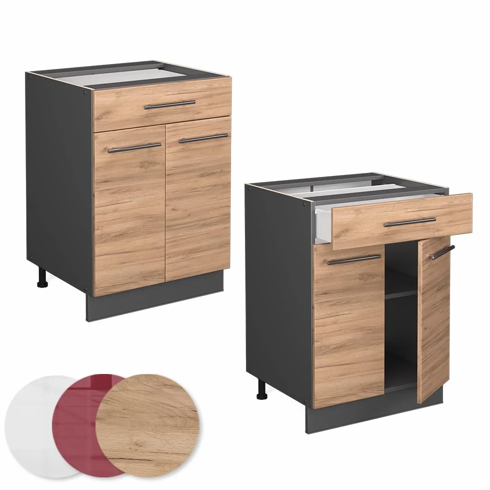 Vicco Mueble bajo de Cocina Fame-Line, Roble Dorado, 60 cm con cajón, sin encimera, para Combinar con Otros módulos de la Serie Fame-Line