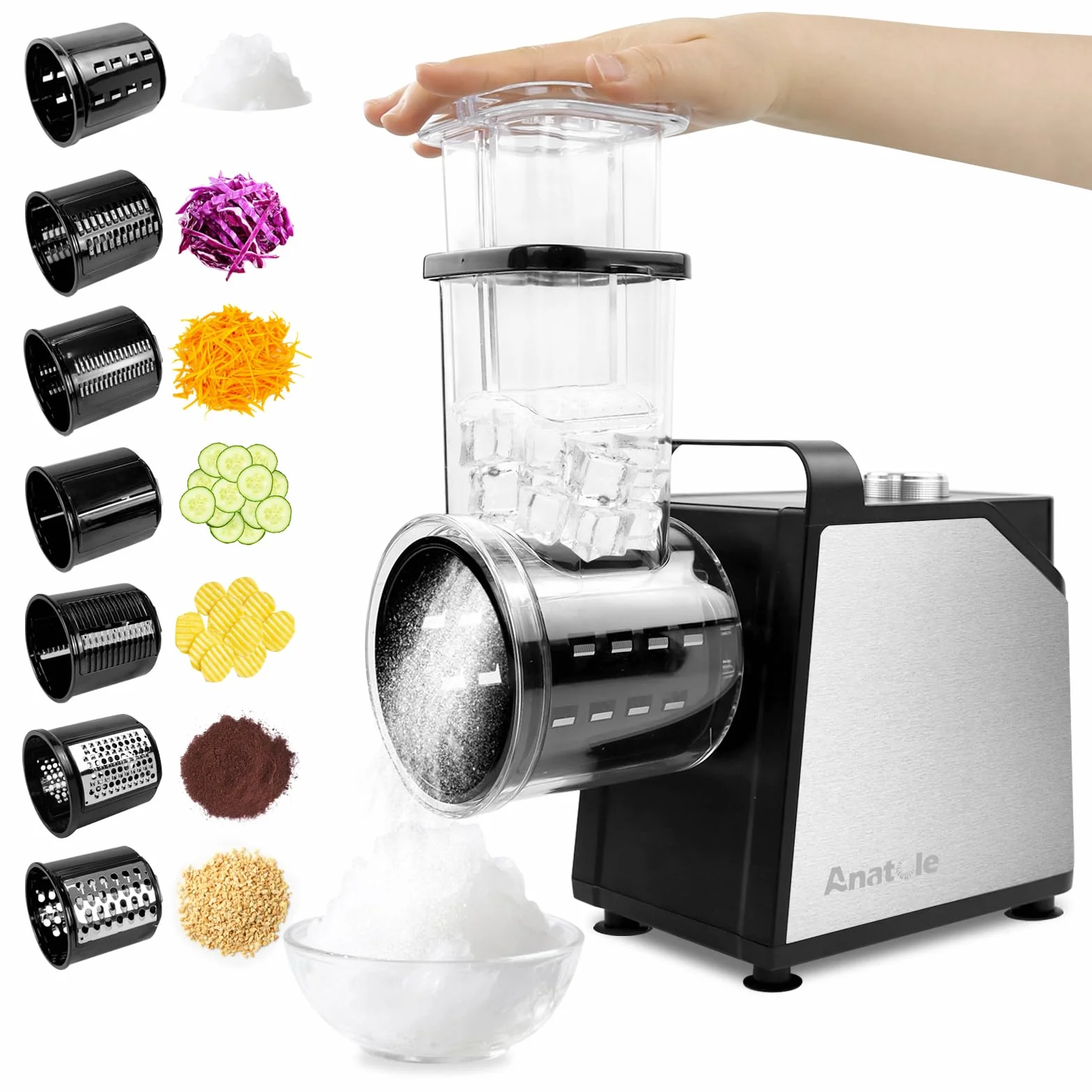 Anatole Cortador de Verduras Eléctrico Picadora de Hielo 7 Cuchillas Rallador de Queso Acero Inoxidable 250W Gran Calibre Mandolina de Cocina Multifuncional 220V Enchufe UE