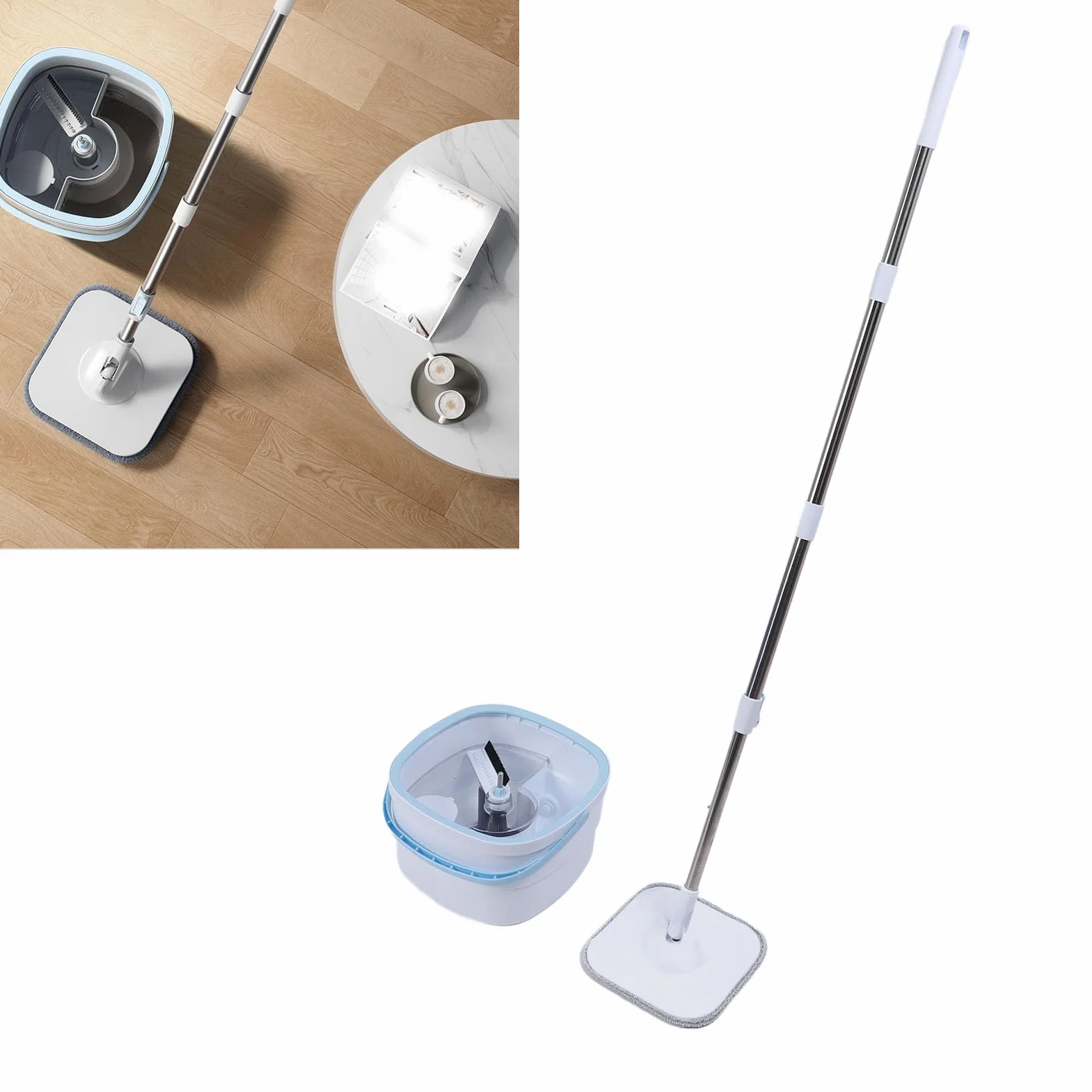 Fabater Juego de Fregona Giratoria y Cubo, de Agua Limpia y Sucia Autoseparante, Fregona Cuadrada Giratoria de 360 ​​Grados con de Microfibra Ajustable de Acero Inoxidable para el Hogar