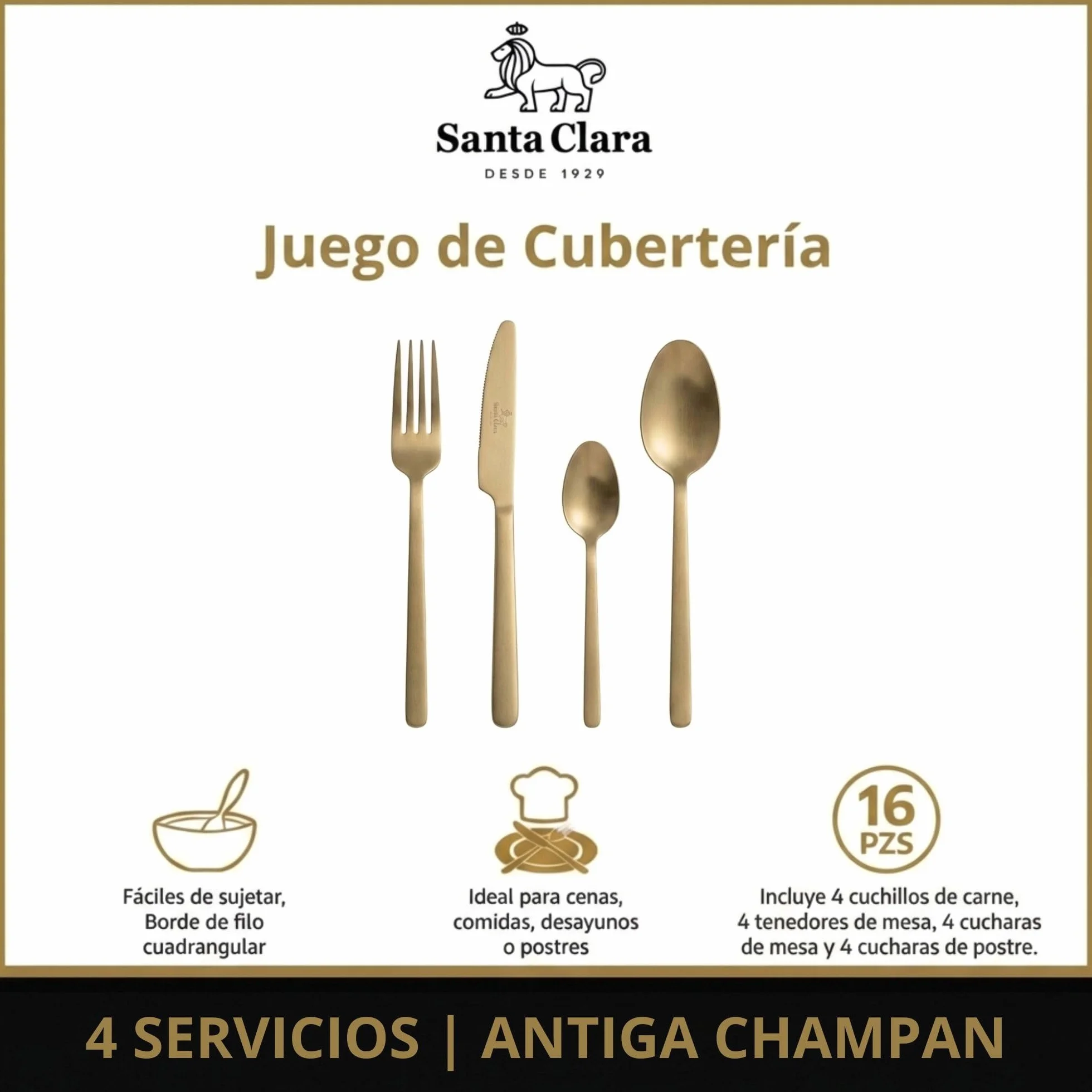 SANTA CLARA | Cubertería completa 16 piezas de acero inoxidable acabado champán PVD, juego de cubiertos con cuchillo, tenedor, cuchara y cucharilla de postre, servicio para 4 personas, modelo Antiga